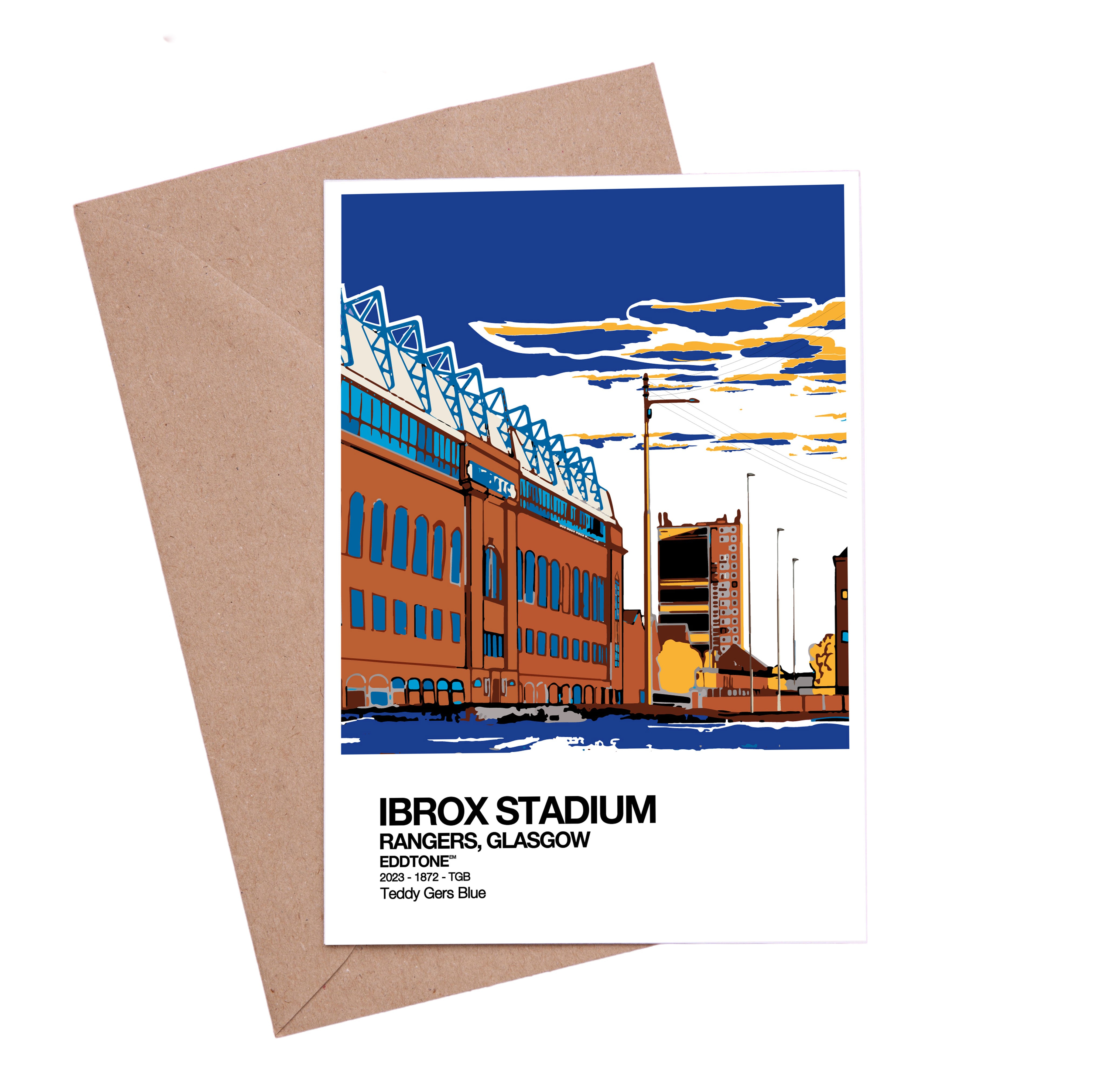 A6 card featuring an illustration of Ibrox,&nbsp;home of Rangers FC, Glasgow