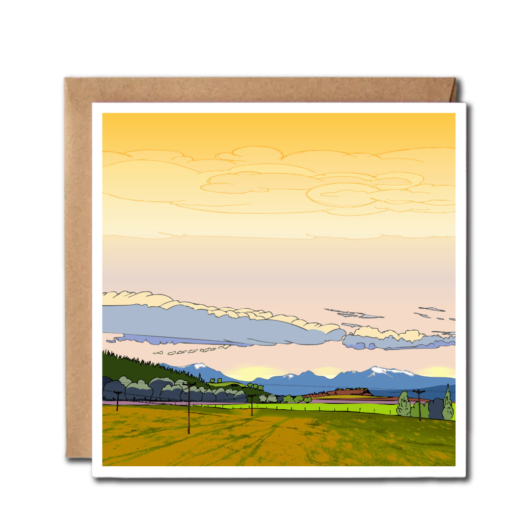 Square card featuring an illustration the mountains of Arran from the Isla of Bute, Scotland