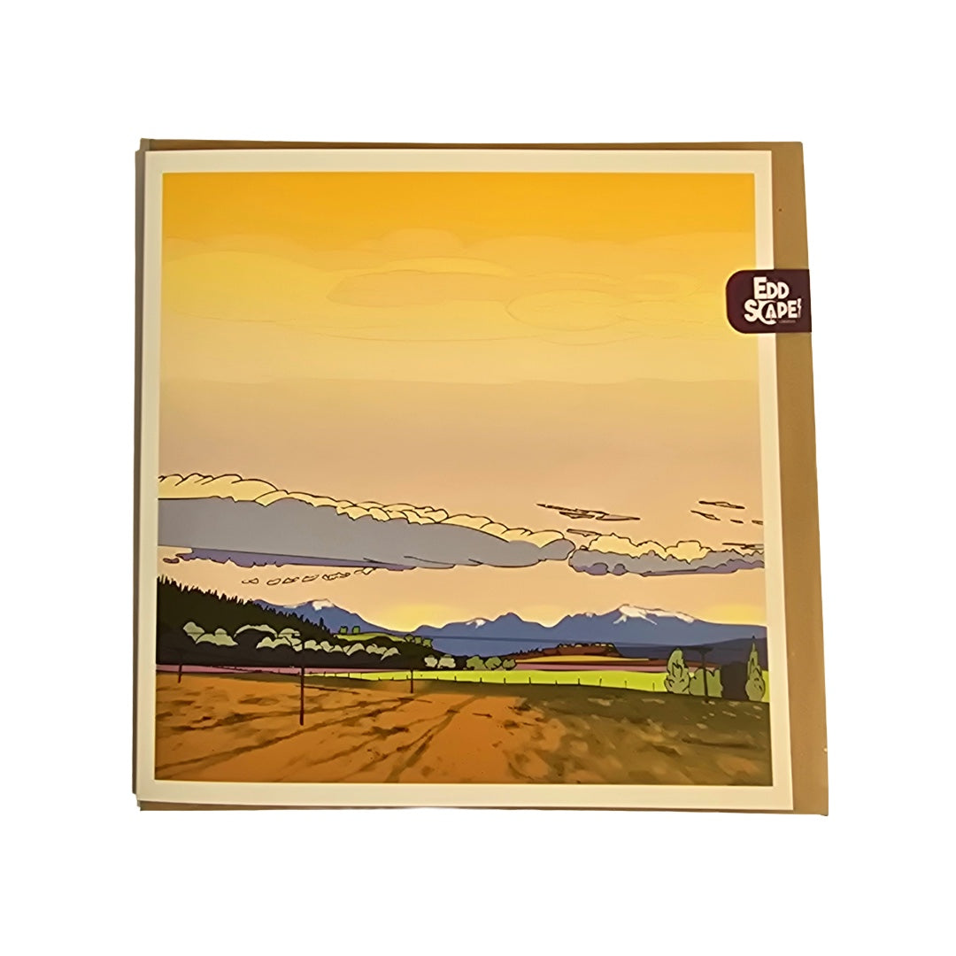 Square card featuring an illustration the mountains of Arran from the Isla of Bute, Scotland