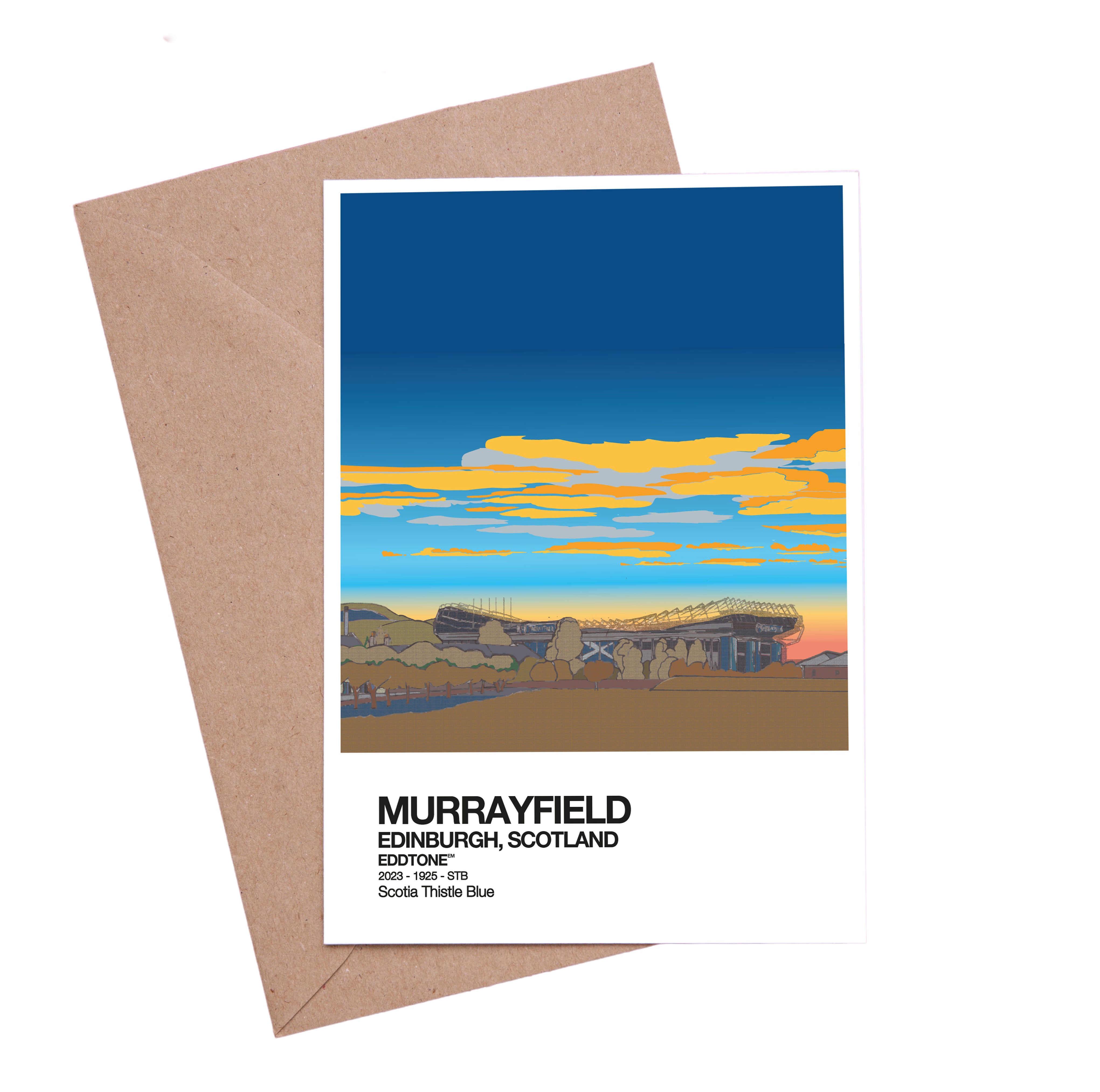 A6 card featuring an illustration of Murrayfield Stadium,&nbsp;home of National Rugby Team Of Scotland.