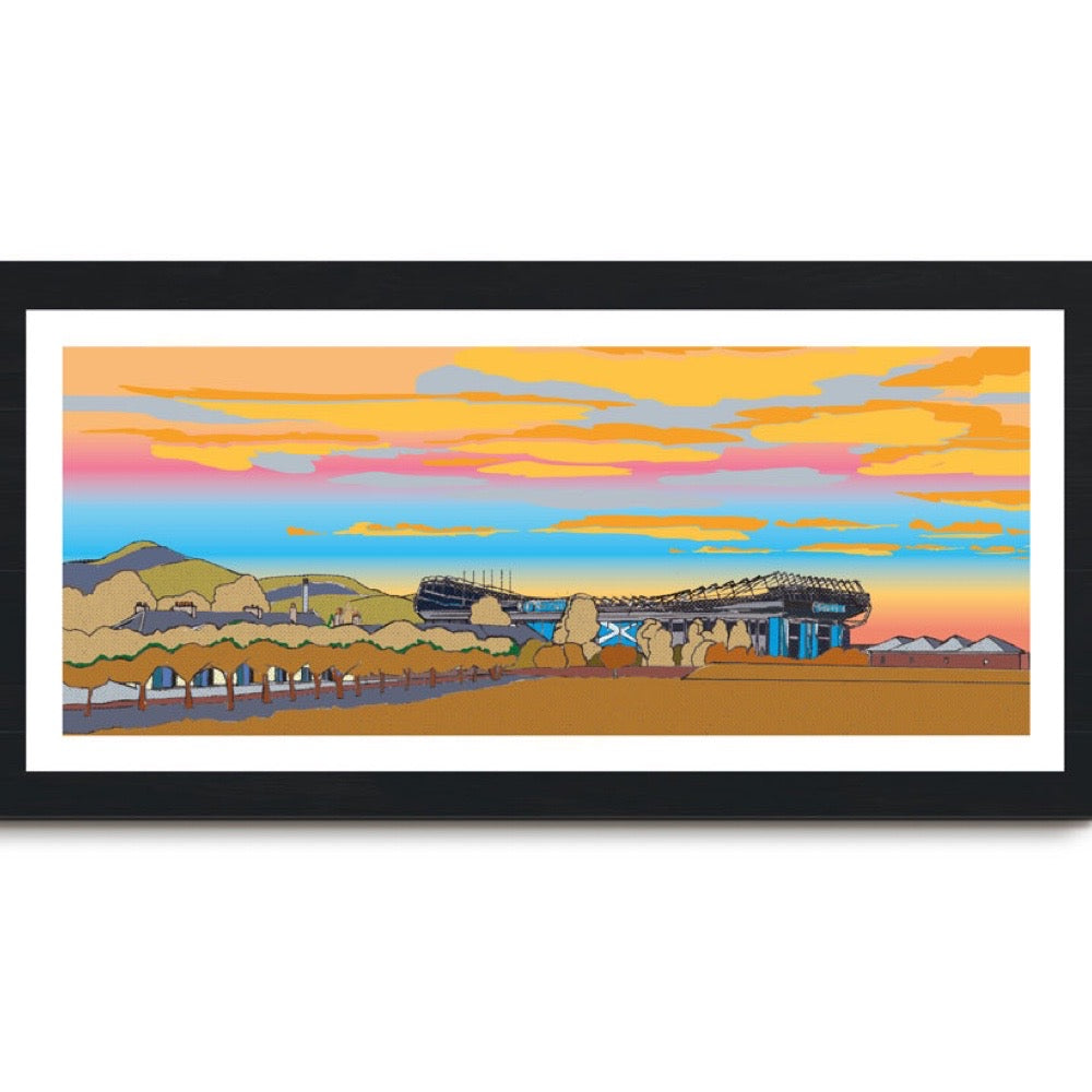 This is a panoramic print in a 20x10inch Mount illustrating the Murrayfield Stadium, home of Scottish Rugby, Edinburgh.