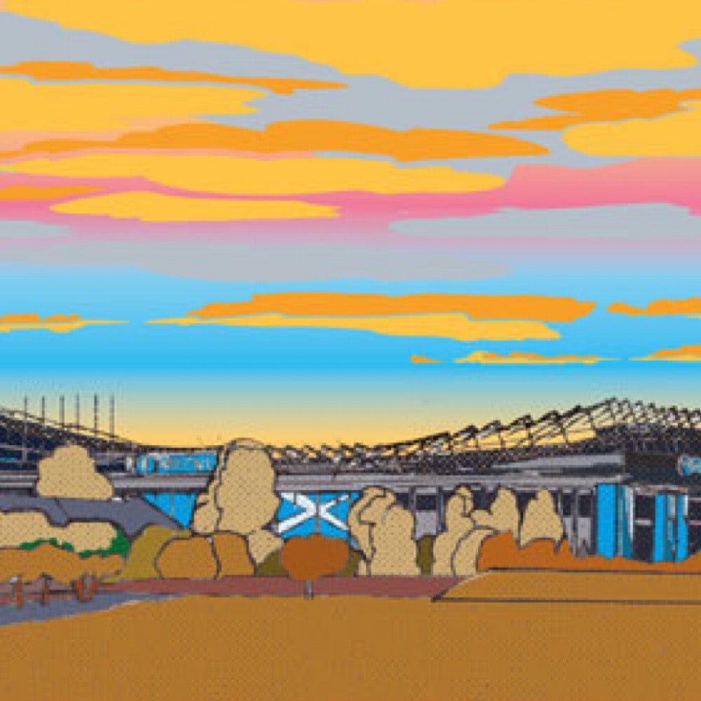 This is a panoramic print in a 20x10inch Mount illustrating the Murrayfield Stadium, home of Scottish Rugby, Edinburgh.