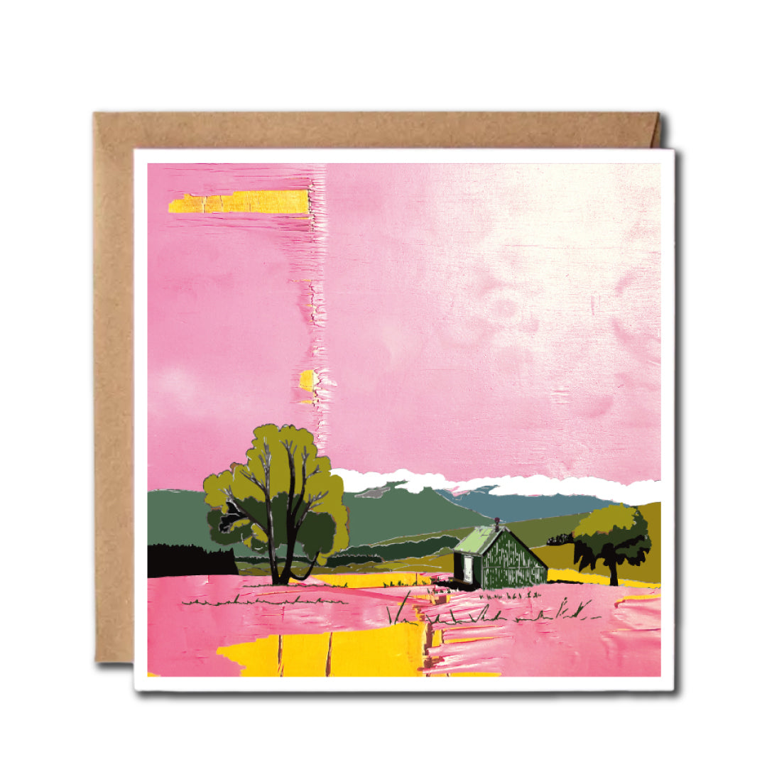 Square card featuring an illustration of an old tin shed in a scottish highland glen, Scotland