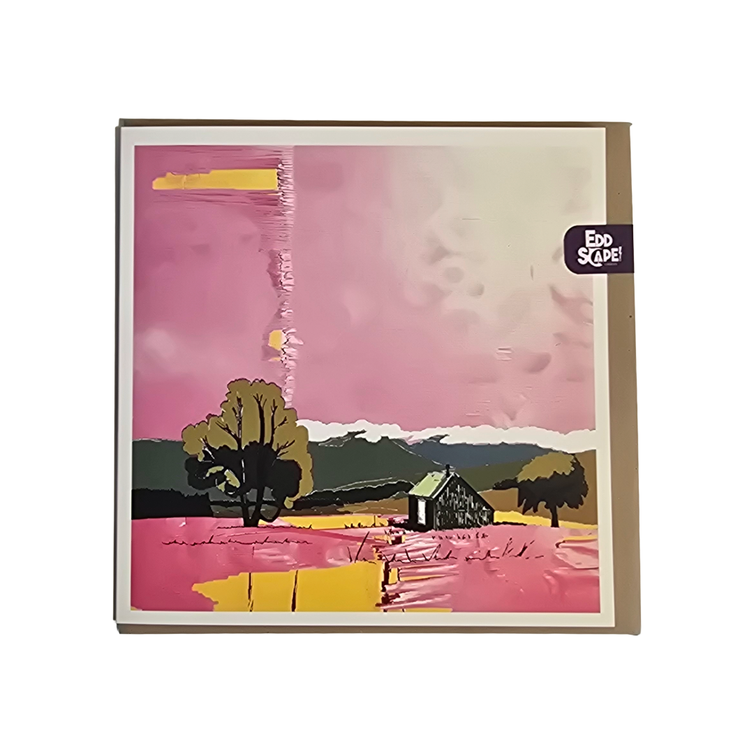 Square card featuring an illustration of an old tin shed in a scottish highland glen, Scotland