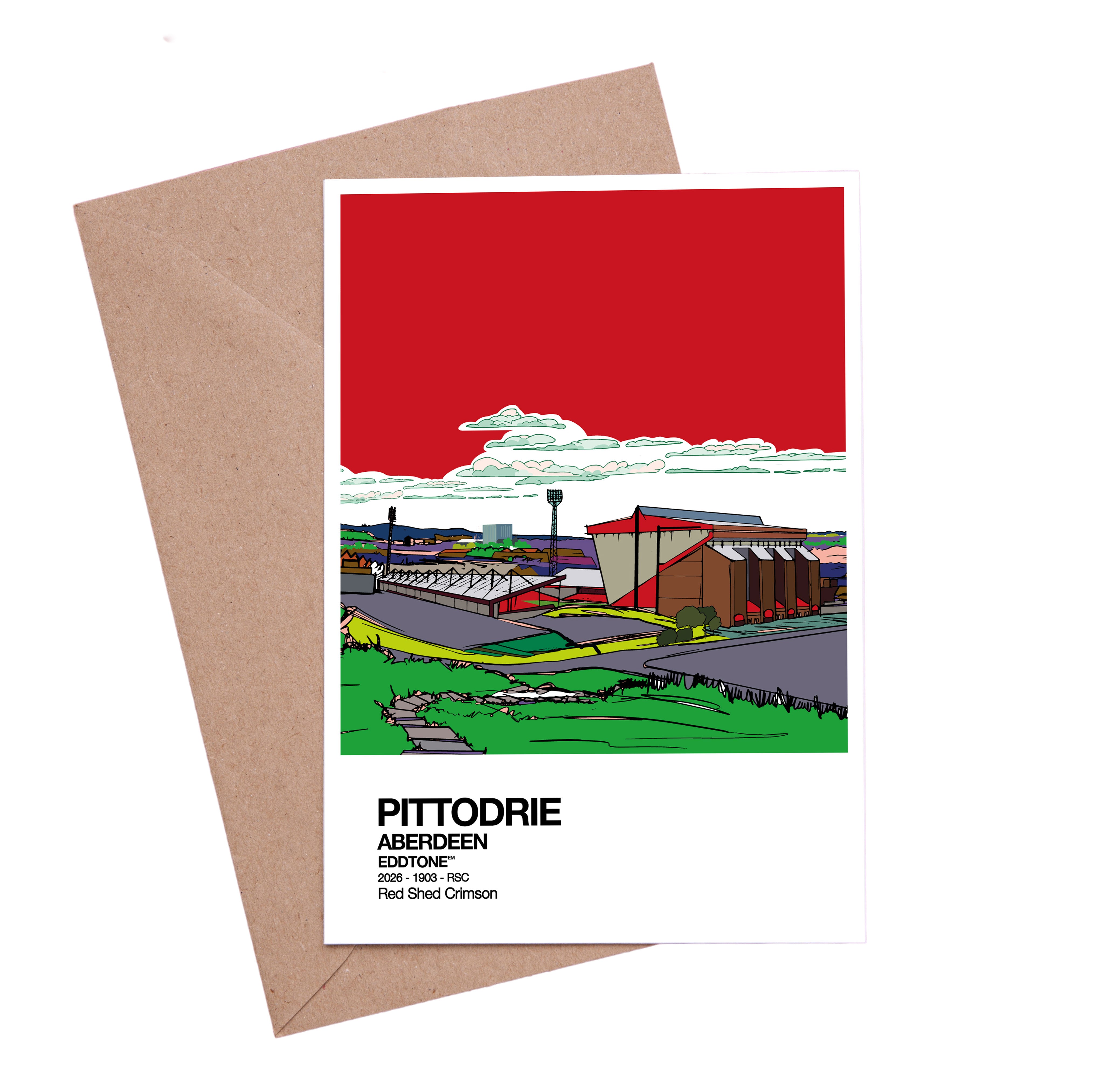 Square card featuring an illustration of Pittodrie Stadium Aberdeen FC, Scotland.