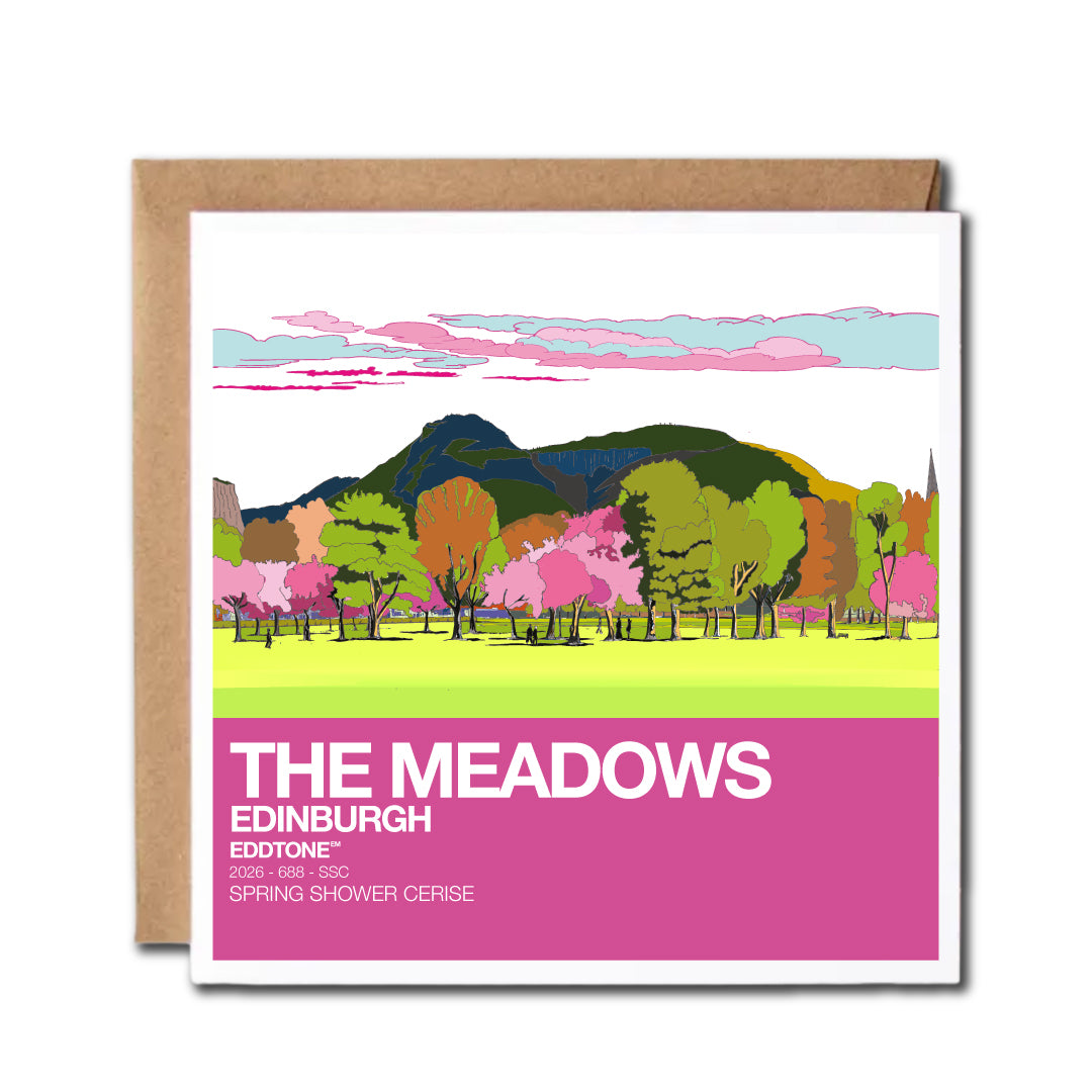 Square card featuring an illustration of the Meadows in Edinburgh