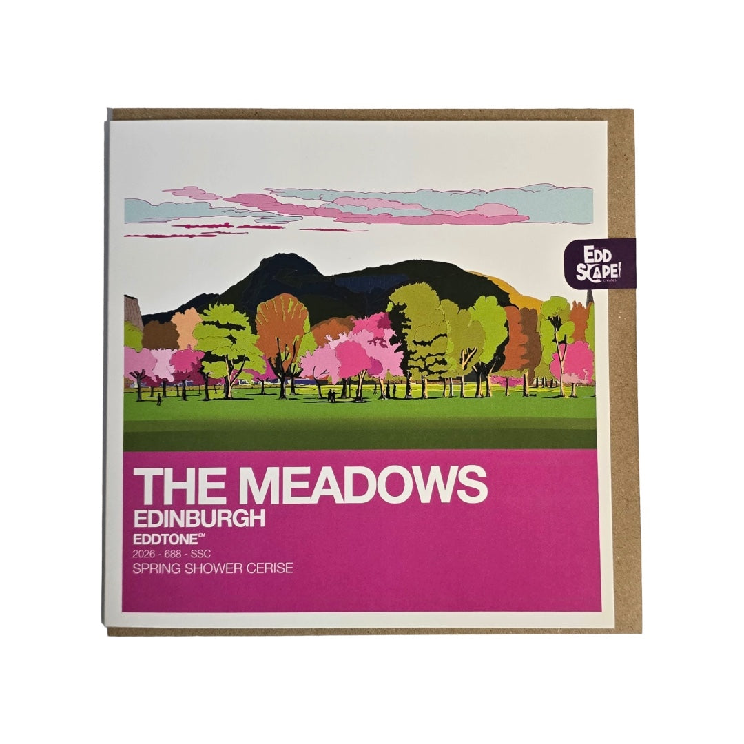 Square card featuring an illustration of the Meadows in Edinburgh