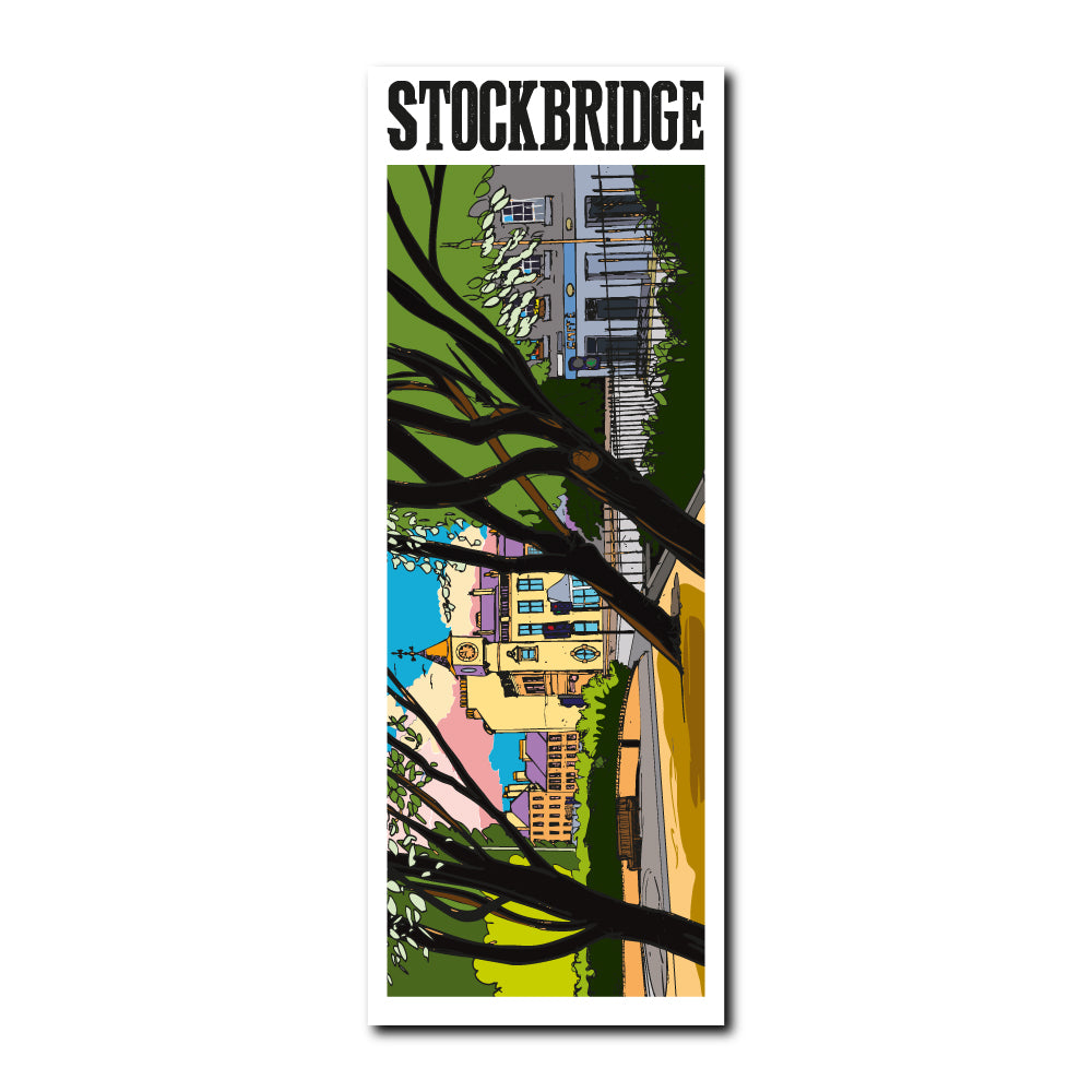 Bookmark featuring an illustration of the clock tower and park &nbsp;in Stockbridge, Edinburgh