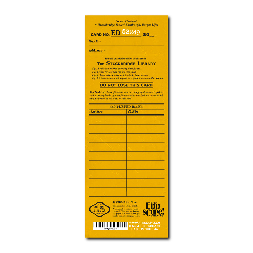 Bookmark featuring an illustration of Stockbridge, Edinburgh with library back design