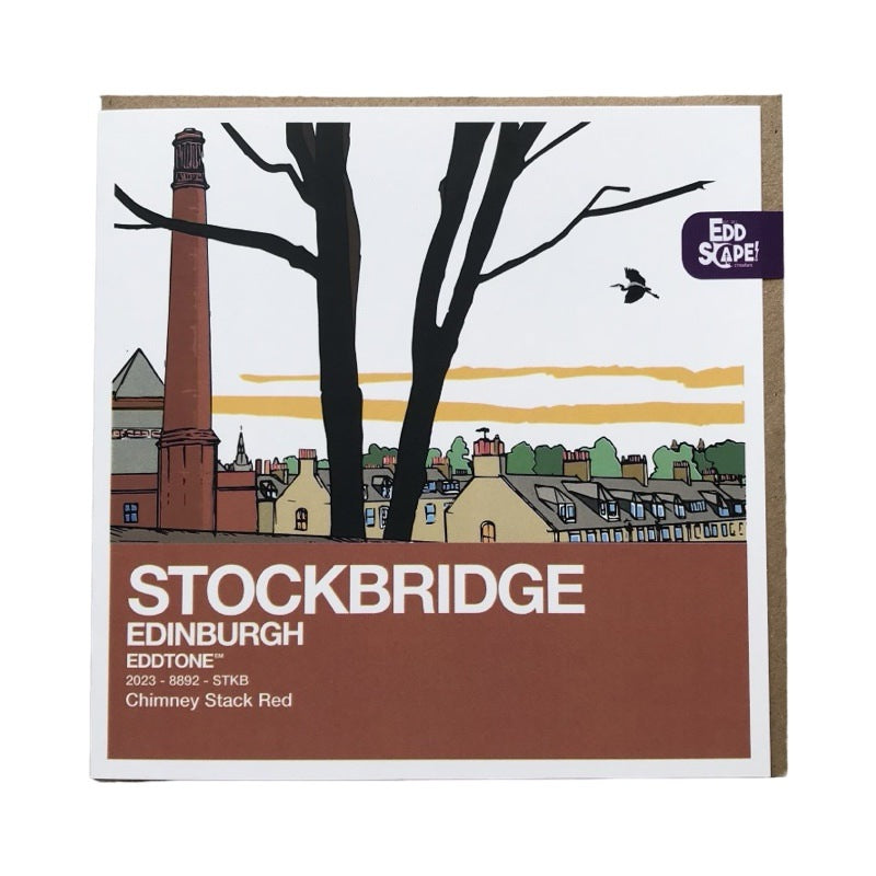 Square card featuring an illustration of the chimneys of the Stockbridge colonies in Edinburgh. Designed by Eddscape In Scotland and printed in the UK.