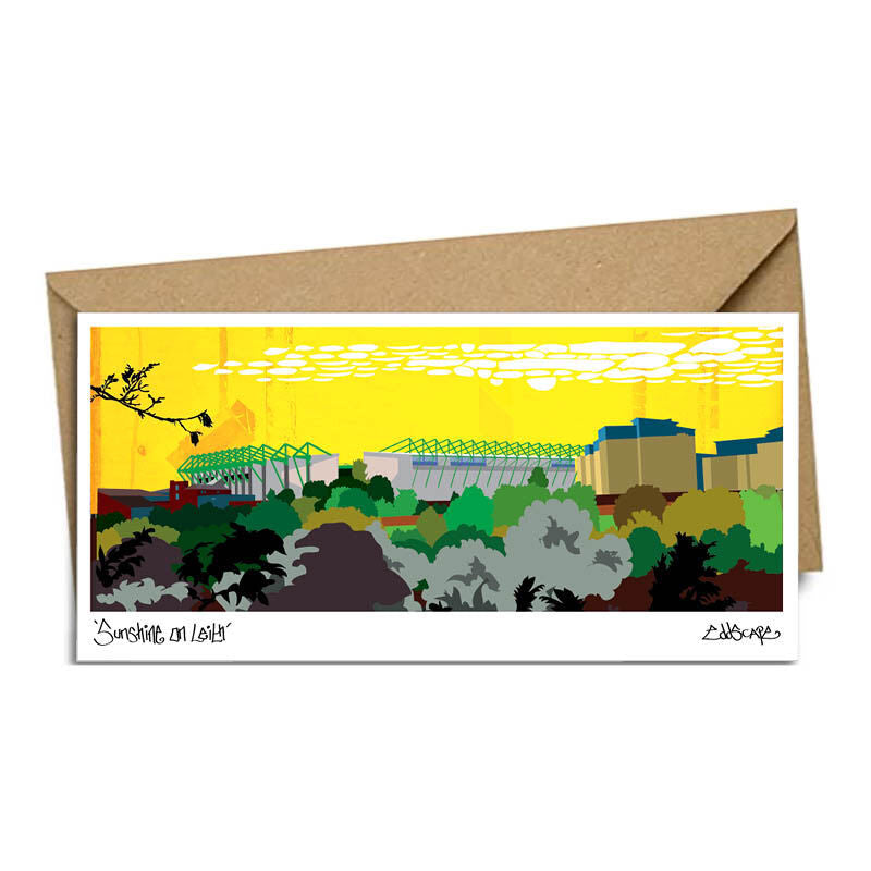Sunshine on Leith card featuring an illustration of Hibernian FC's Easter Road Stadium in Edinburgh. Designed by Eddscape In Scotland and printed in the UK.