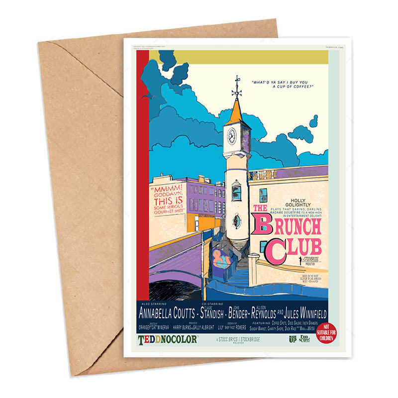 Card featuring an illustration of the clock tower on Deanhaugh Street in Stockbridge, Edinburgh. This A6 card is blank inside for your own message and is supplied with an envelope made from recycled paper. Designed by Eddscape In Scotland and printed in the UK.
