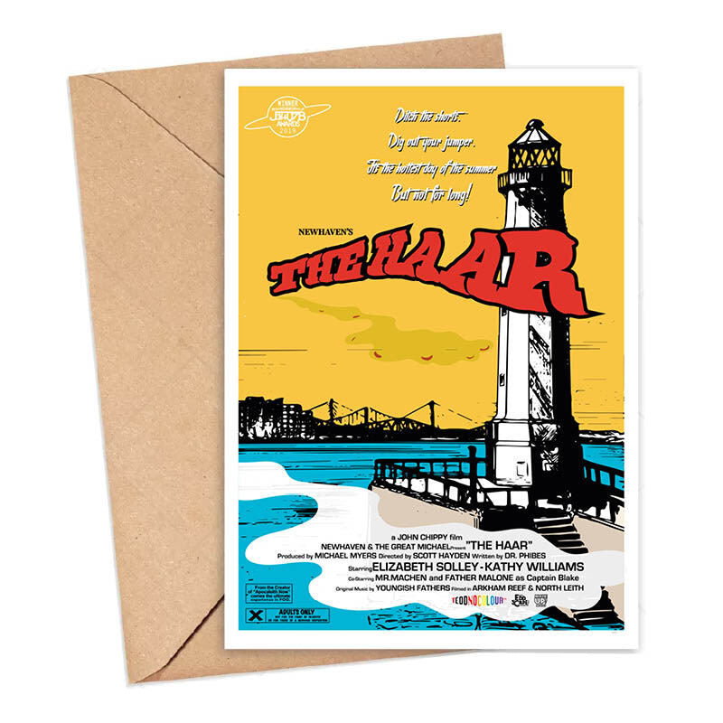 Card featuring an illustration of Newhaven Lighthouse in Edinburgh with the 3 Forth Bridges in the background. This A6 card is blank inside for your own message and is supplied with an envelope made from recycled paper. Designed by Eddscape In Scotland and printed in the UK.