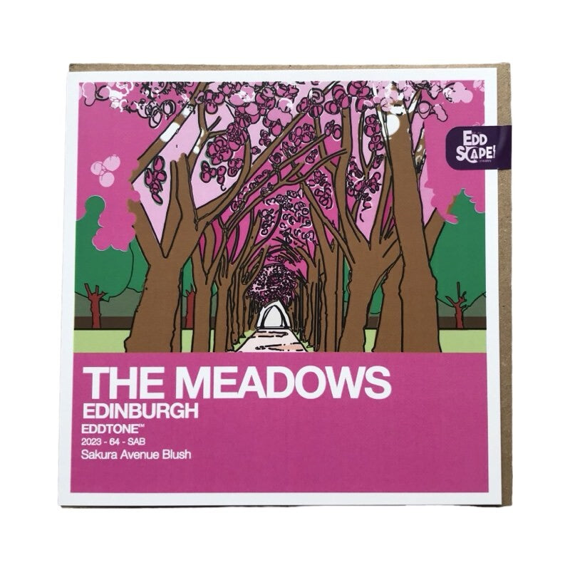 Square card featuring an illustration of the Meadows in Edinburgh. Designed by Eddscape In Scotland and printed in the UK.