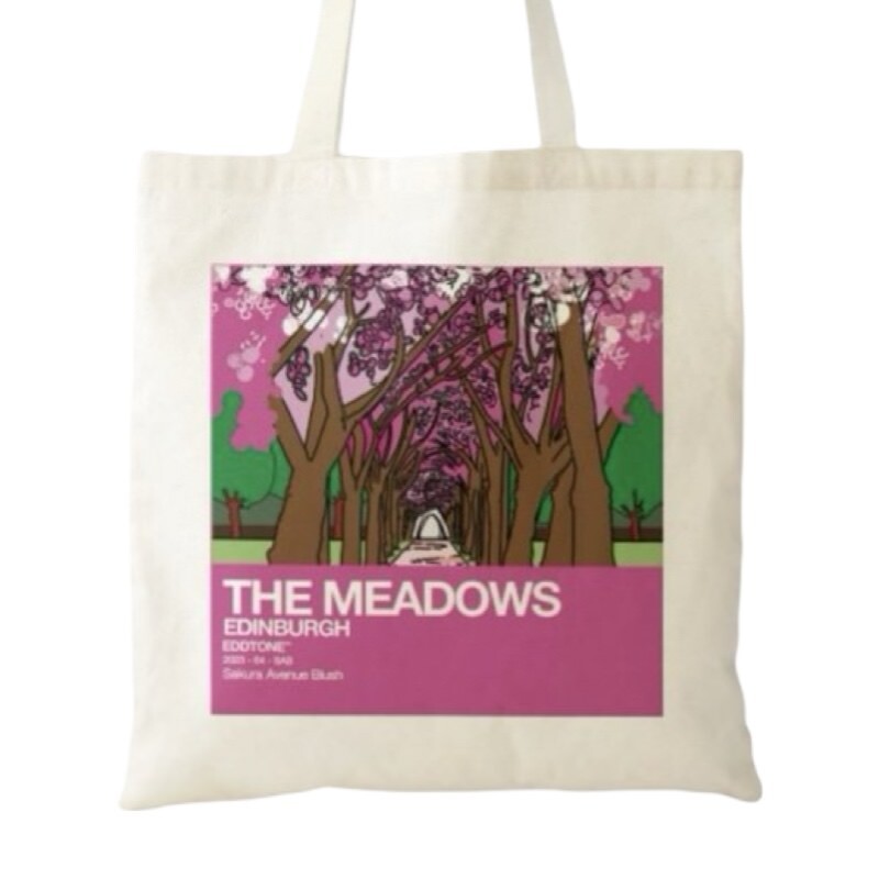 This tote bag features a square design of an illustration of the cherry blossom trees in bloom at the Meadows in Edinburgh. Designed by Eddscape and printed in the UK.