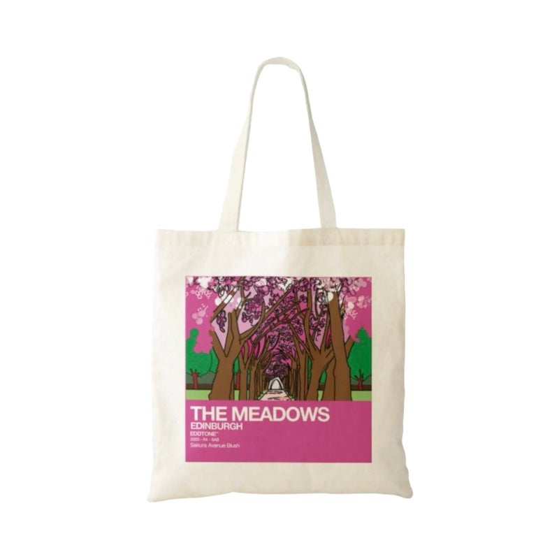 This tote bag features a square design of an illustration of the cherry blossom trees in bloom at the Meadows in Edinburgh. Designed by Eddscape and printed in the UK.