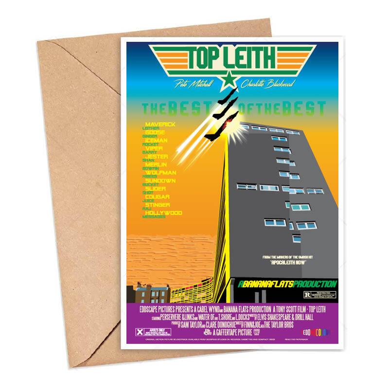 Card featuring a movie poster design of The Banana Flats in Leith, Edinburgh. This A6 card is blank inside for your own message and is supplied with an envelope made from recycled paper.
Designed&nbsp;by Eddscape In Scotland and printed in the UK.