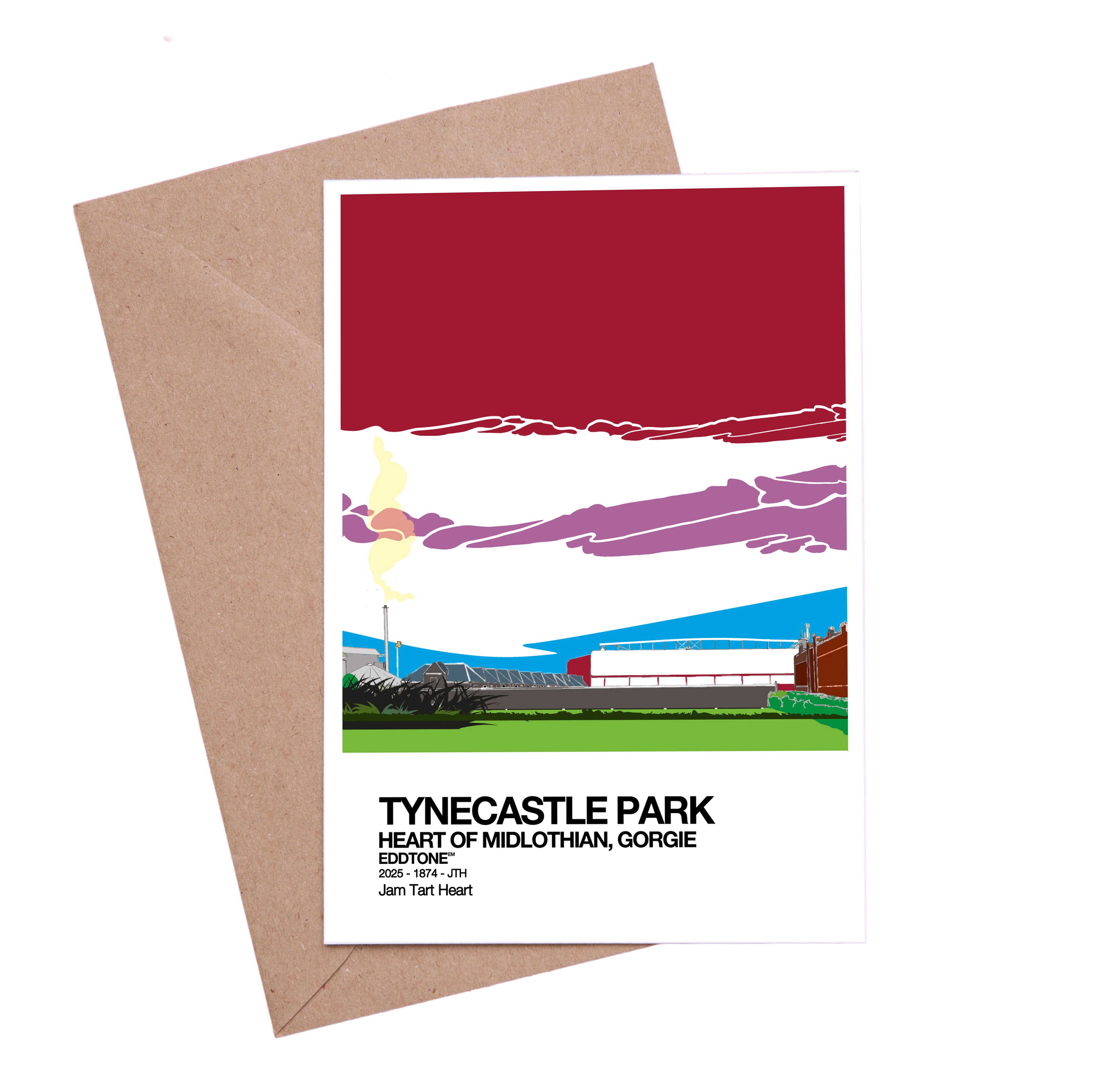A6 card featuring an illustration of Tynecastle Park Stadium, home of Heart Of Midlothian FC, Edinburgh.