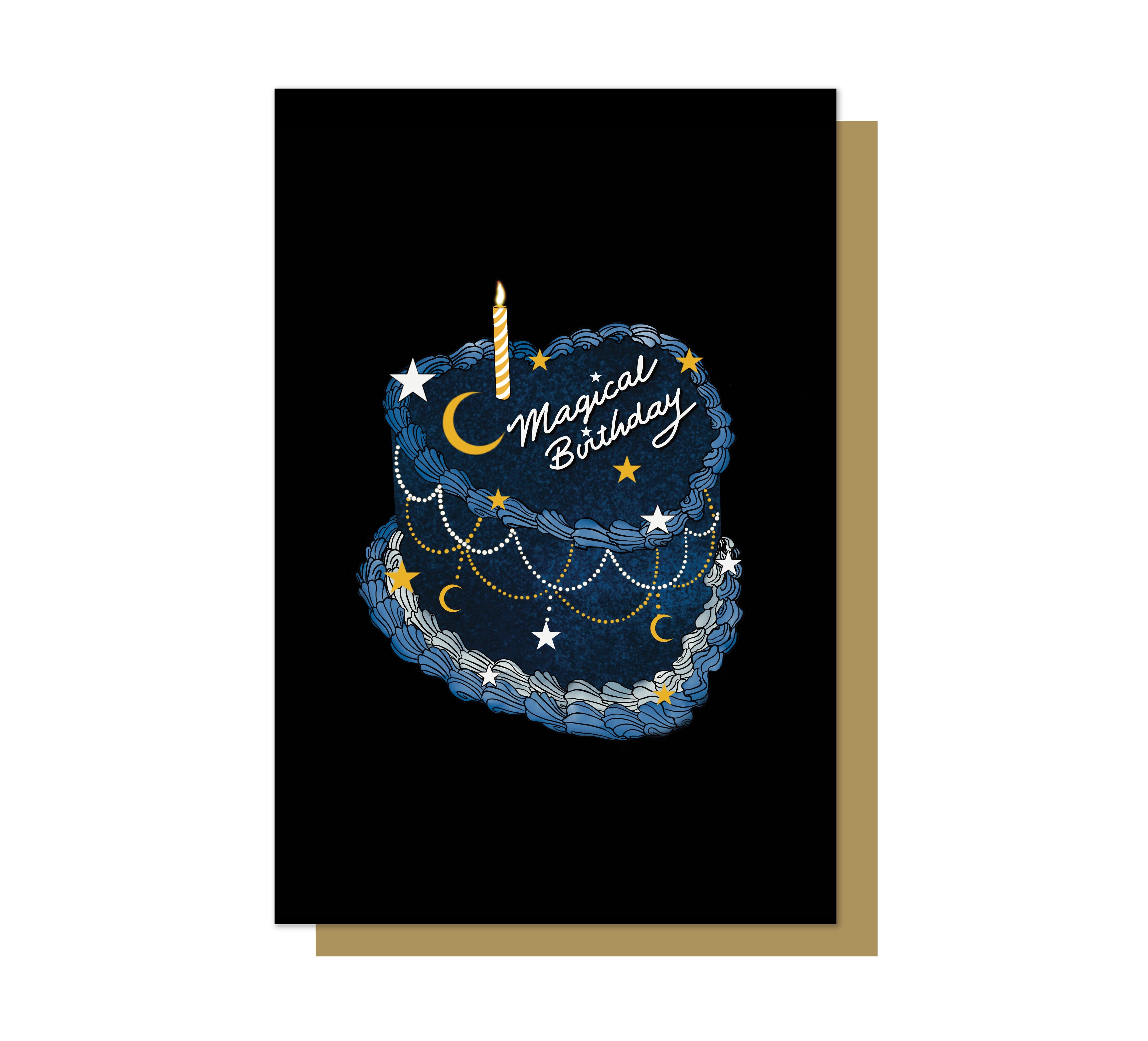 Star Happy Birthday Cake Card a magical card way to celebrate a birthday . This A6 card is printed onto 300gsm FSC-approved card. Each card is blank inside for your own message and comes with a kraft brown envelope.
