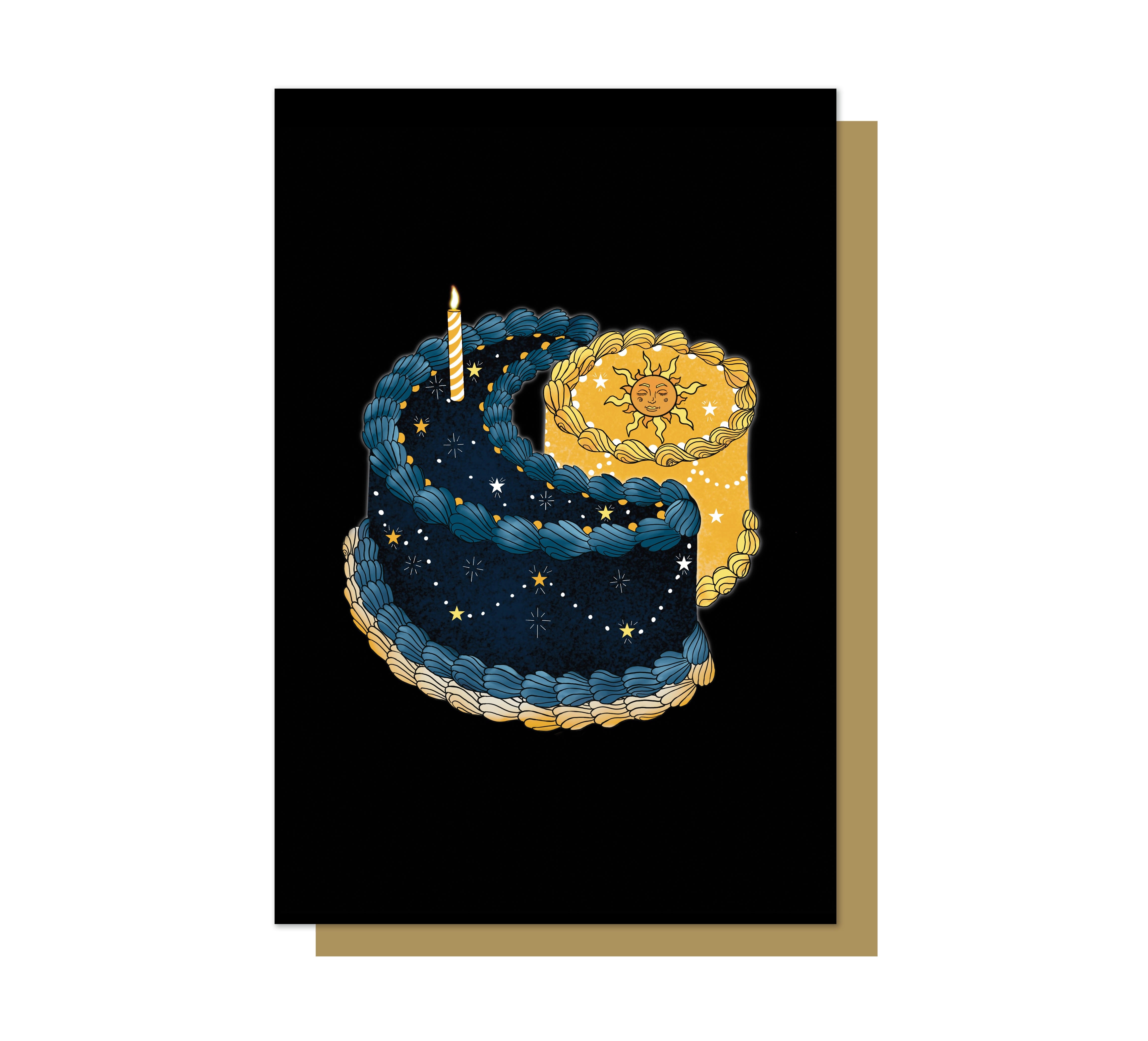 Sun and Moon Birthday Cake Card a magical card way to celebrate a birthday.&nbsp;This A6 card is printed onto 300gsm FSC-approved card. Each card is blank inside for your own message and comes with a kraft brown envelope.