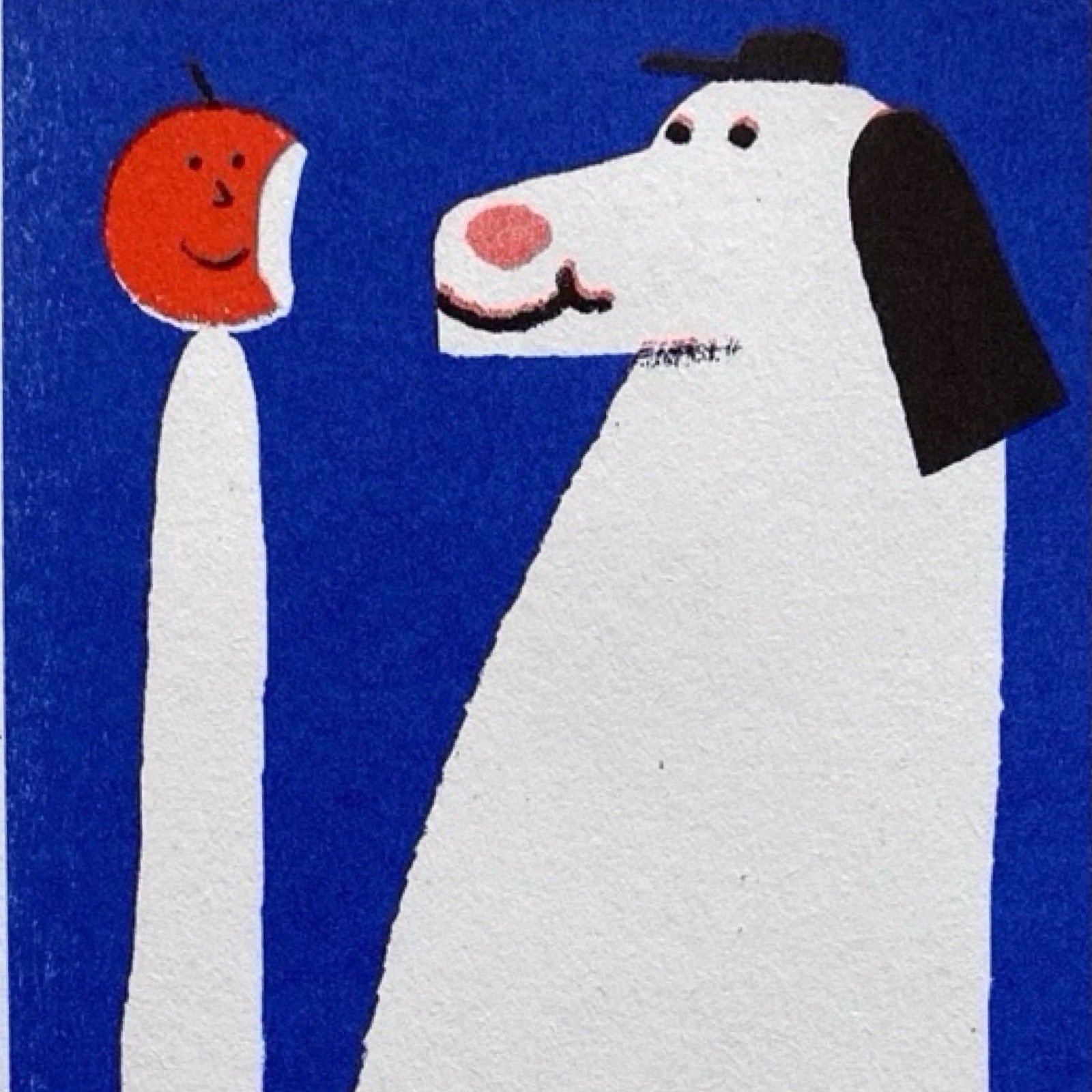 A thin rectangular print of a large white dog with a red apple on the end of its tail, all against a blue background.