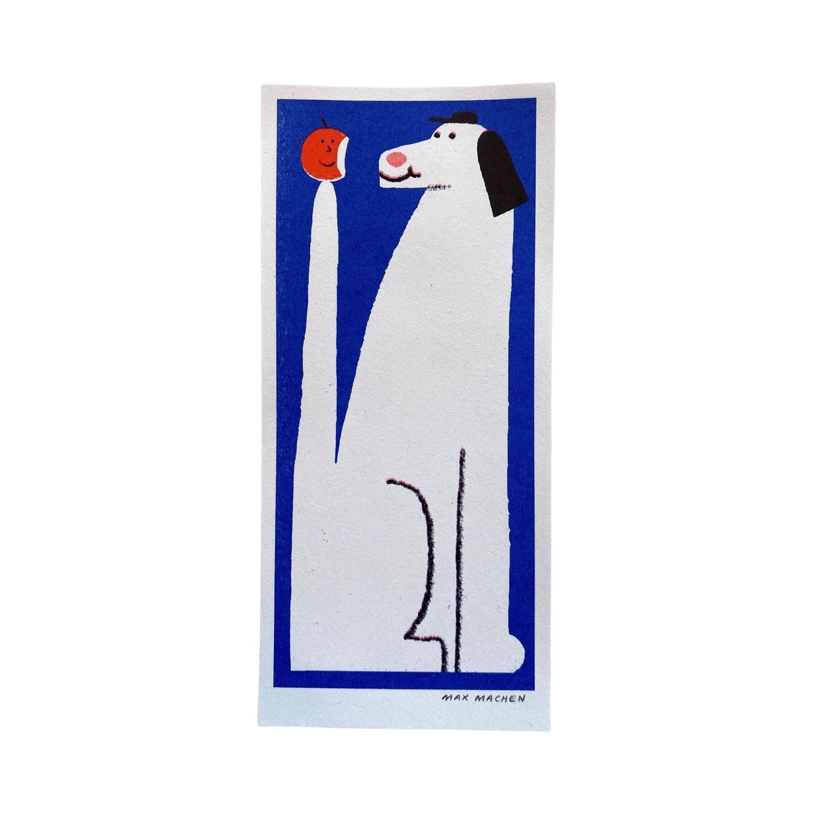 A thin rectangular print of a large white dog with a red apple on the end of its tail, all against a blue background.