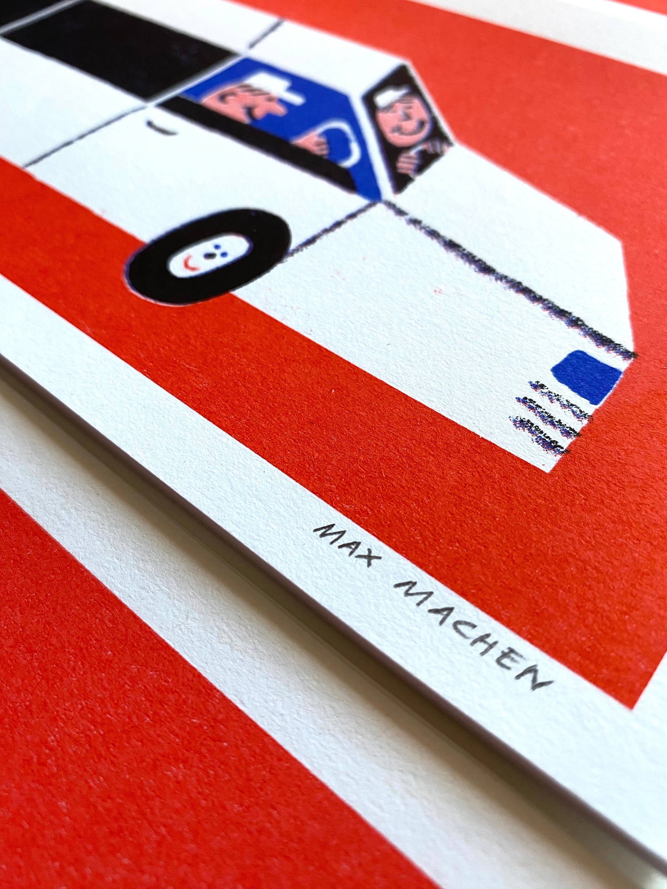 Three-colour risograph print featuring people in a stretch limo.
