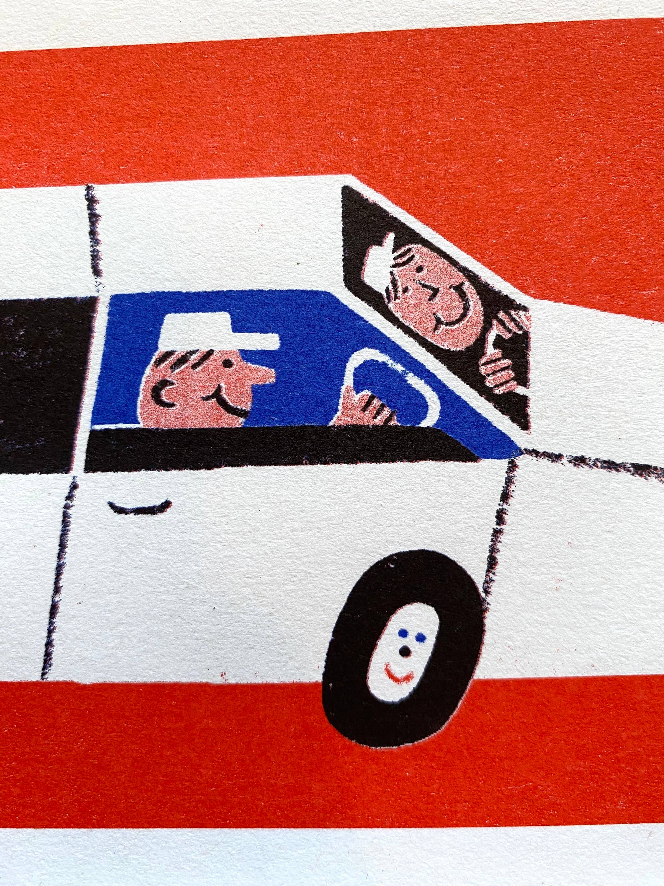 Three-colour risograph print featuring people in a stretch limo.