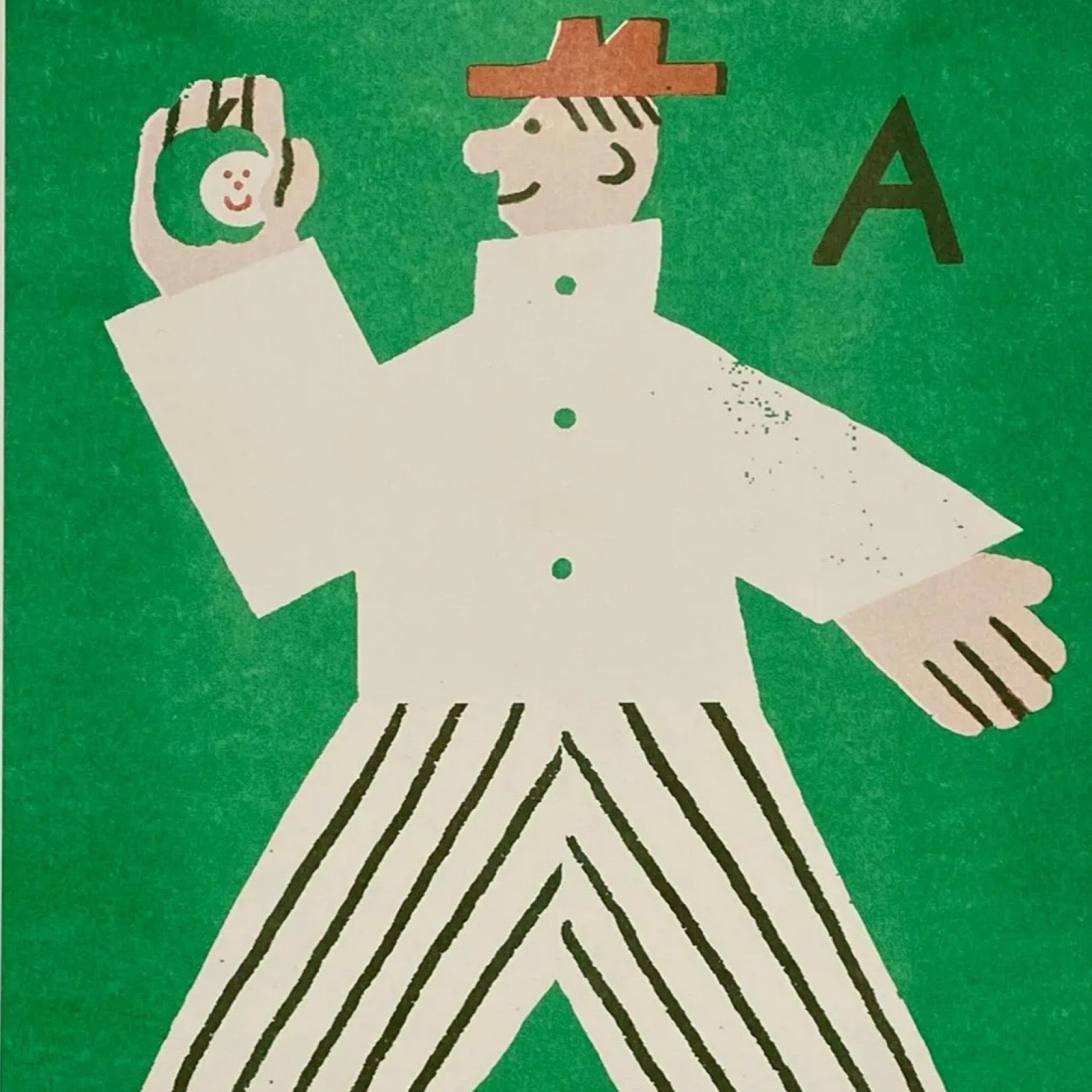 Risograph print of a man in a white shirt and black and white striped trousers holding a green apple with a smile face sticker on it, all against a green background and the text 'A Pal'.