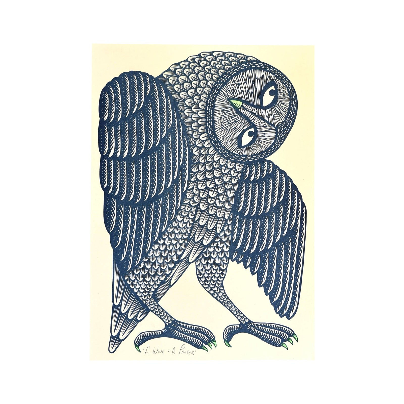 Print of a navy owl with its head turned to the left.