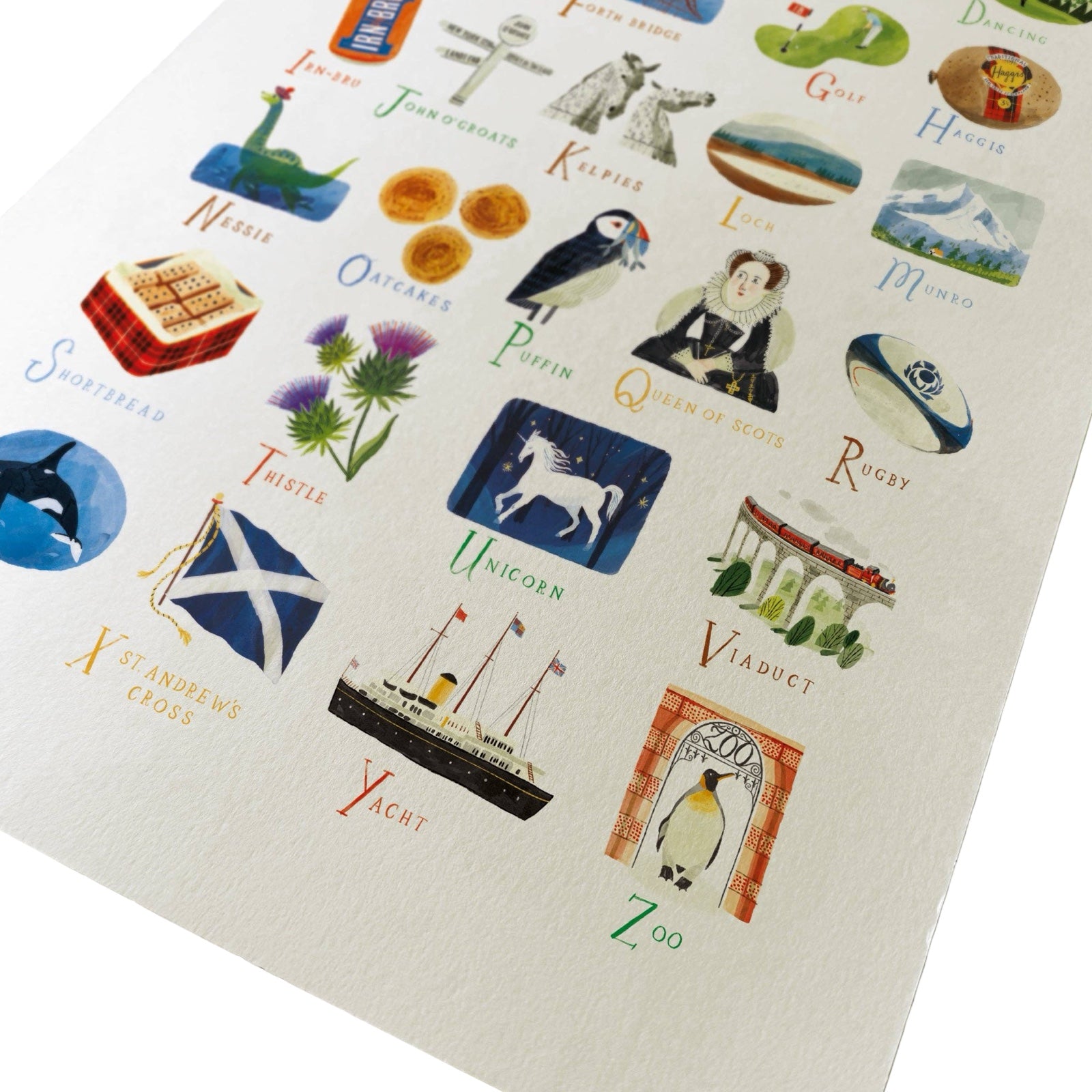 This art print shows the A-Z of Scotland in beautiful illustrations.