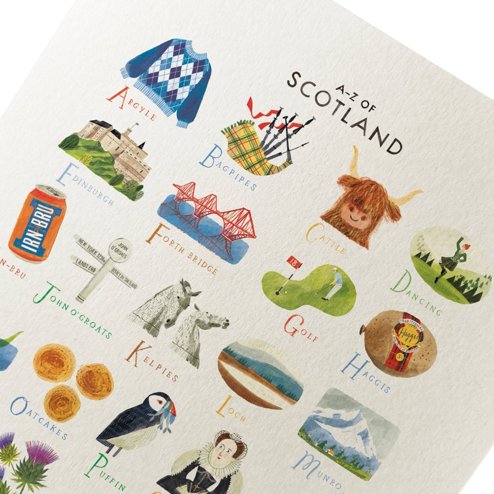 .This art print shows the A-Z of Scotland in beautiful illustrations.