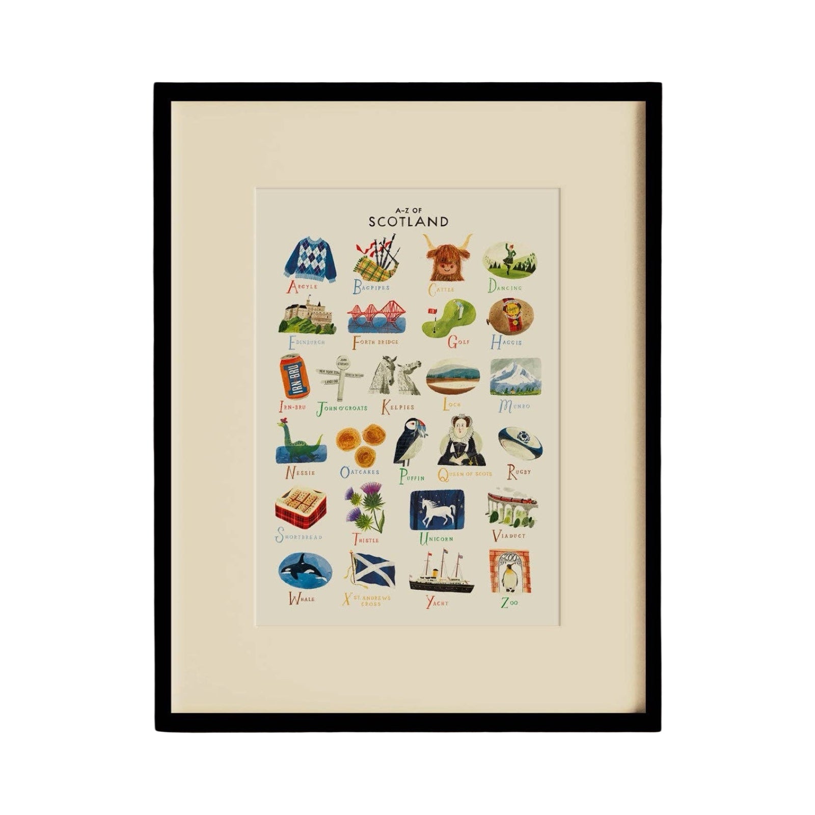 This art print shows the A-Z of Scotland in beautiful illustrations.