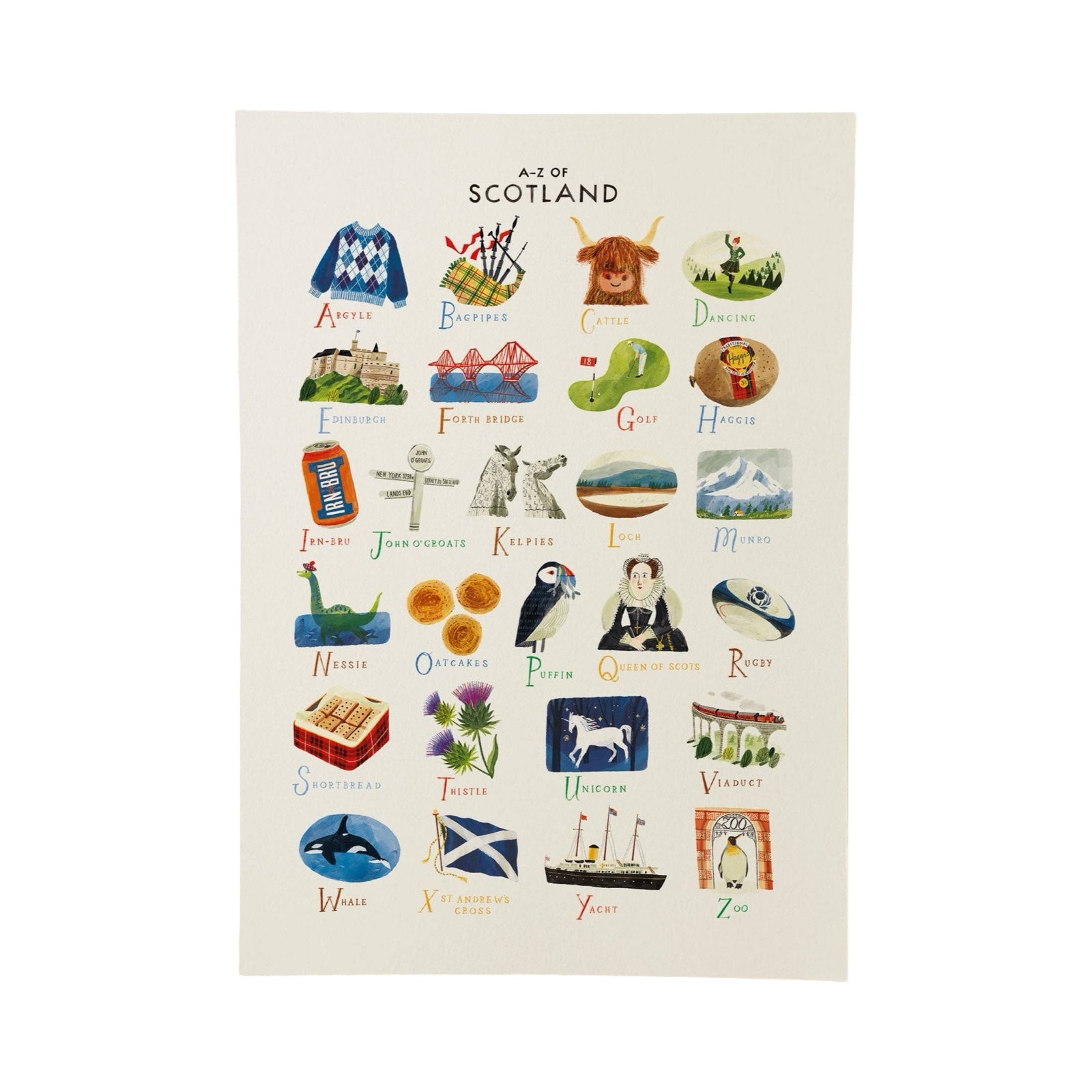 This art print shows the A-Z of Scotland in beautiful illustrations.