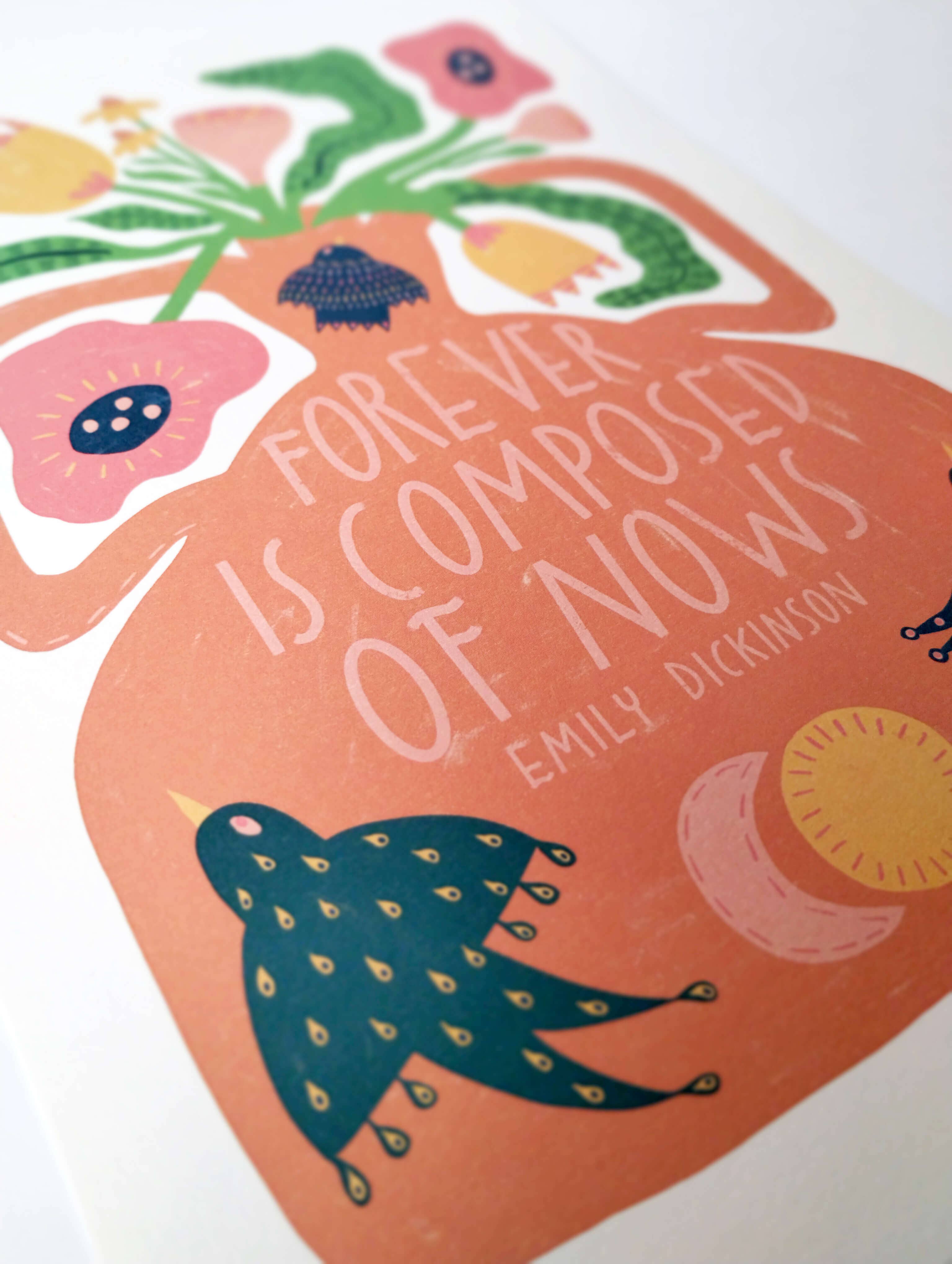 Decorative print with floral design, bird illustration, and Emily Dickinson quote on a white background.