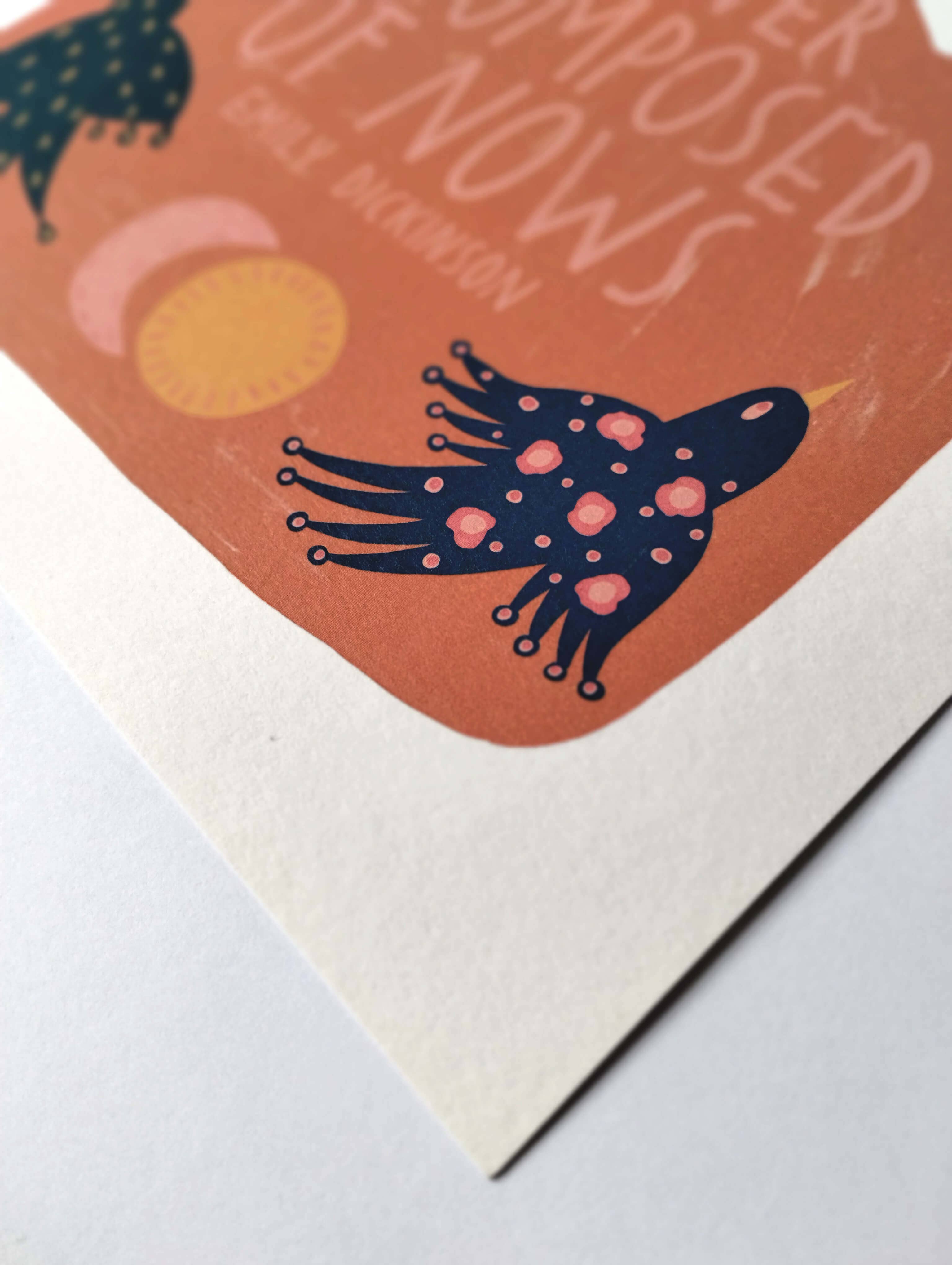 Print with a stylised flowers and abstract shapes on a textured surface.