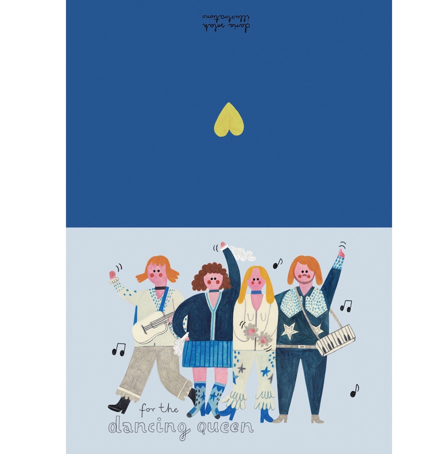 Illustration of ABBA dancing with musical instruments on a blue background.