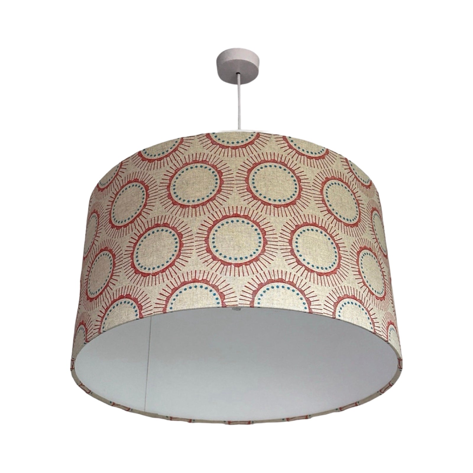 Cream pendant lampshade with red abstract flowers with blue circles inside.