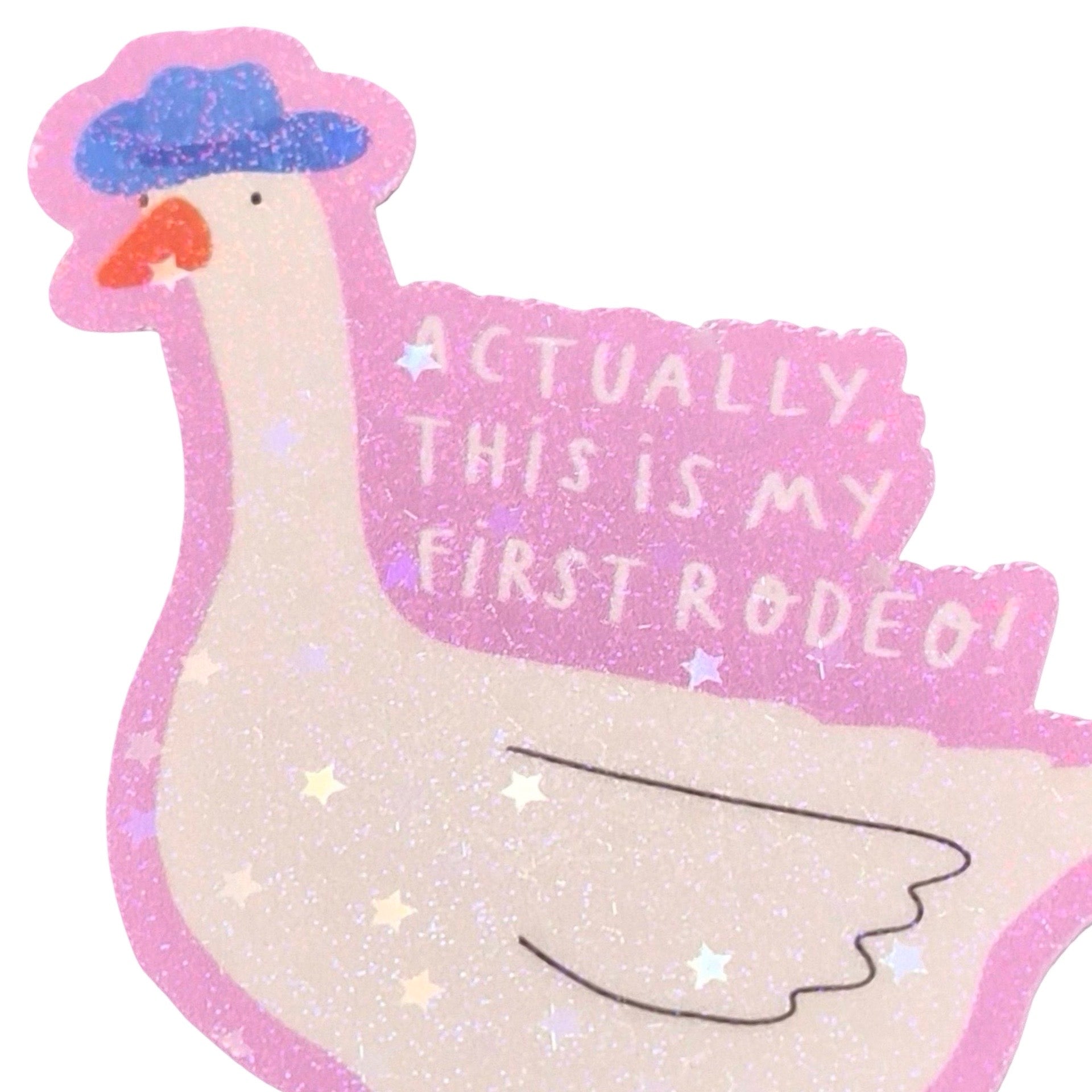 Cartoon duck with a blue hat and text 'Actually, this is my first rodeo!' on a white background.