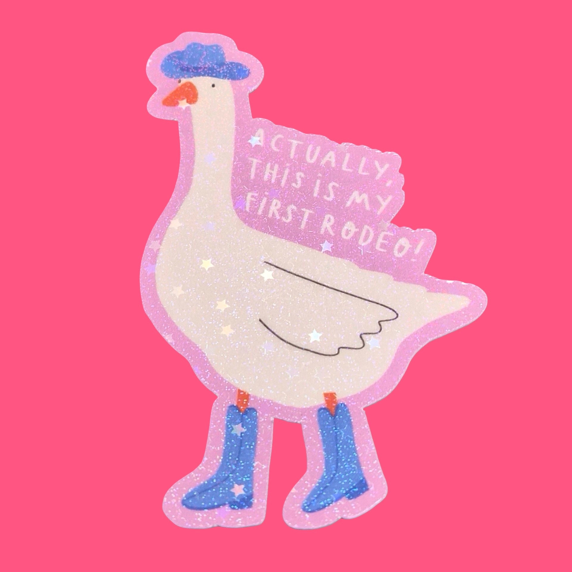 Illustration of a goose wearing a cowboy hat and boots with text on a pink background.