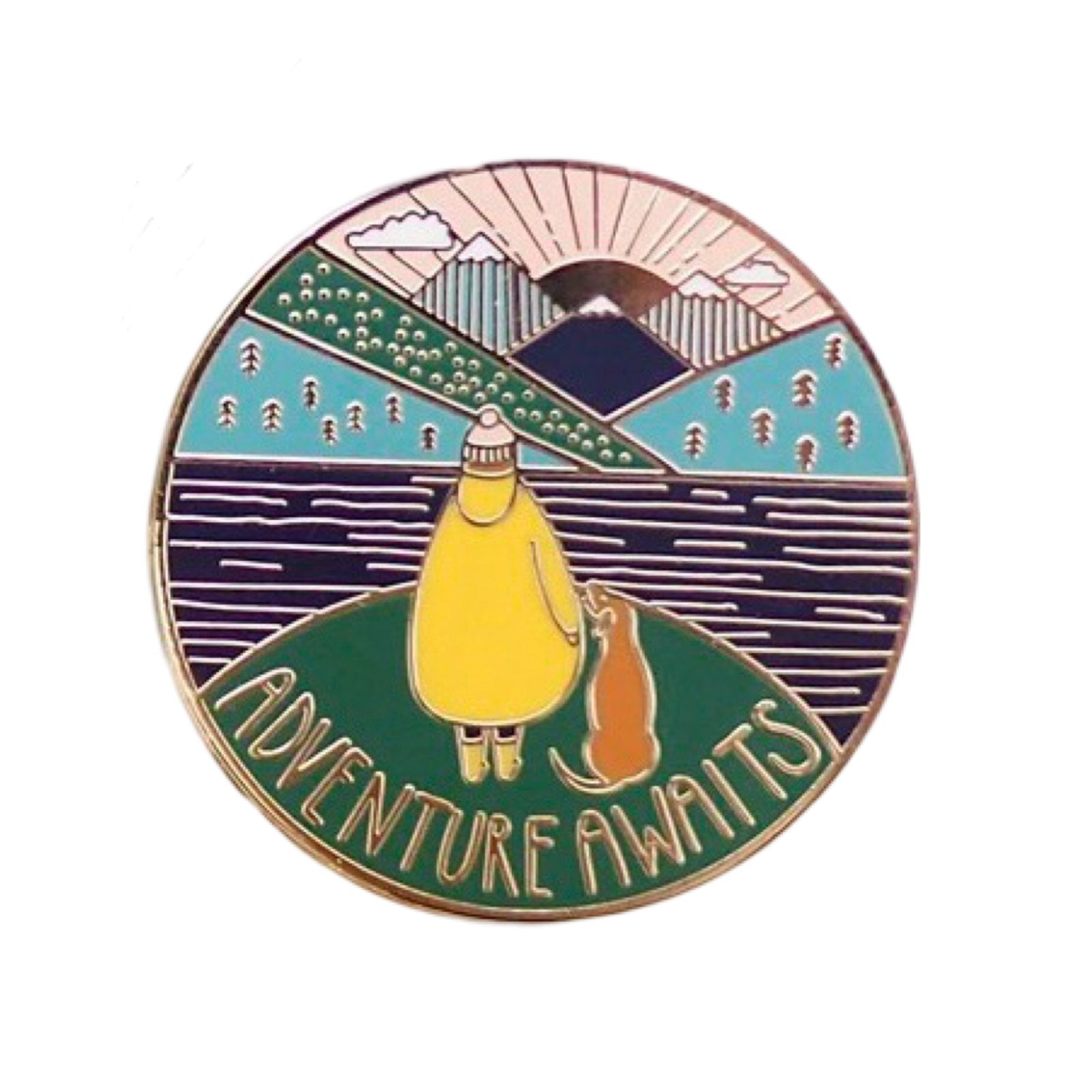 Enamel pin badge featuring an illustration of a dog and owner with a scenic background of a lake and mountains, with the text 'Adventure Awaits'.