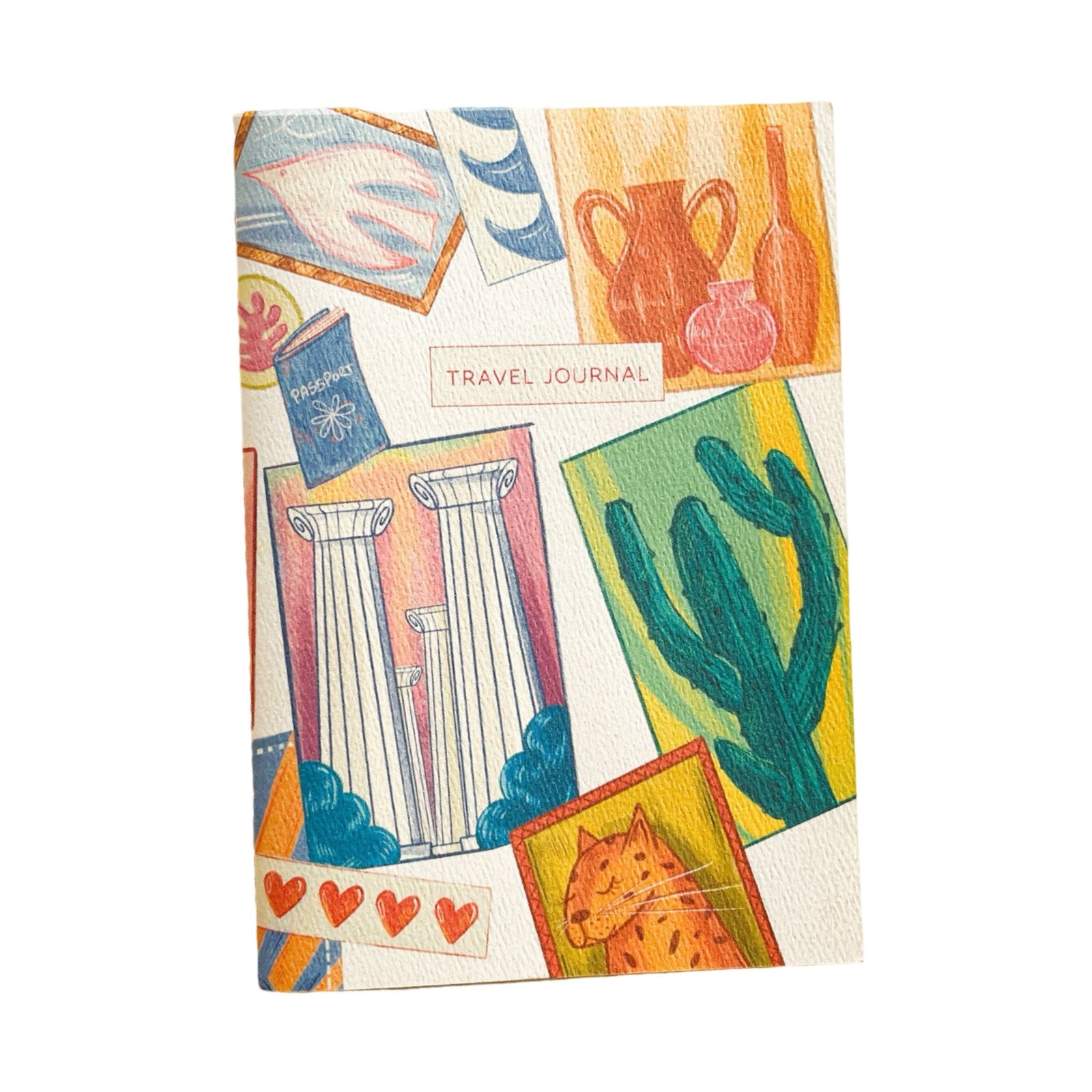 Colorful travel journal with illustrations on a white background.