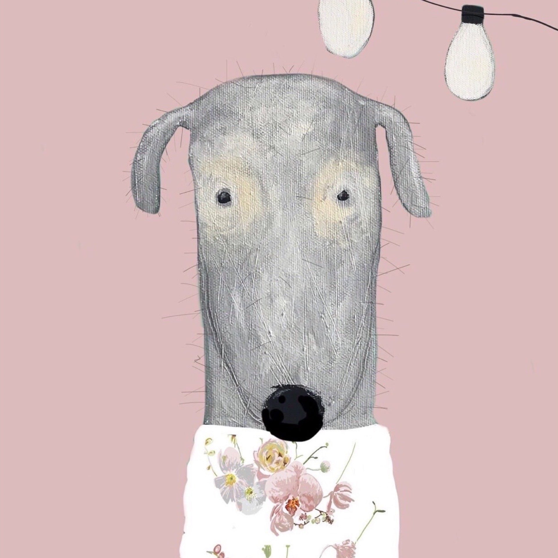 Illustration of a dog with a floral bandana beneath a string of lights on a pink background.