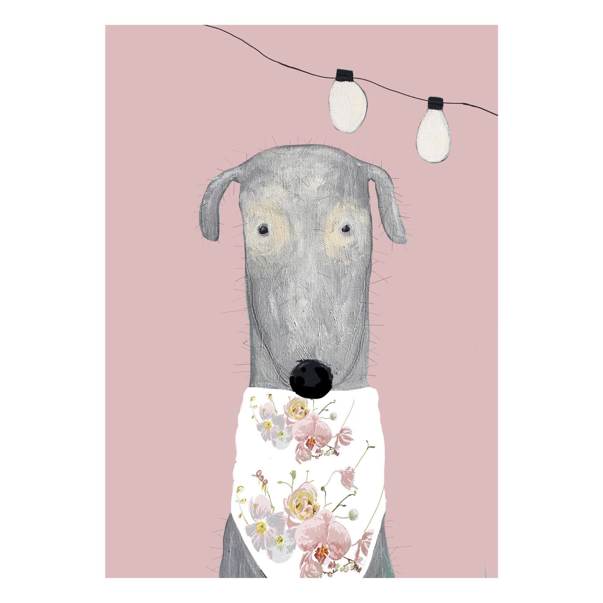 Pink A3 poster print of loveable Alice the dog. 