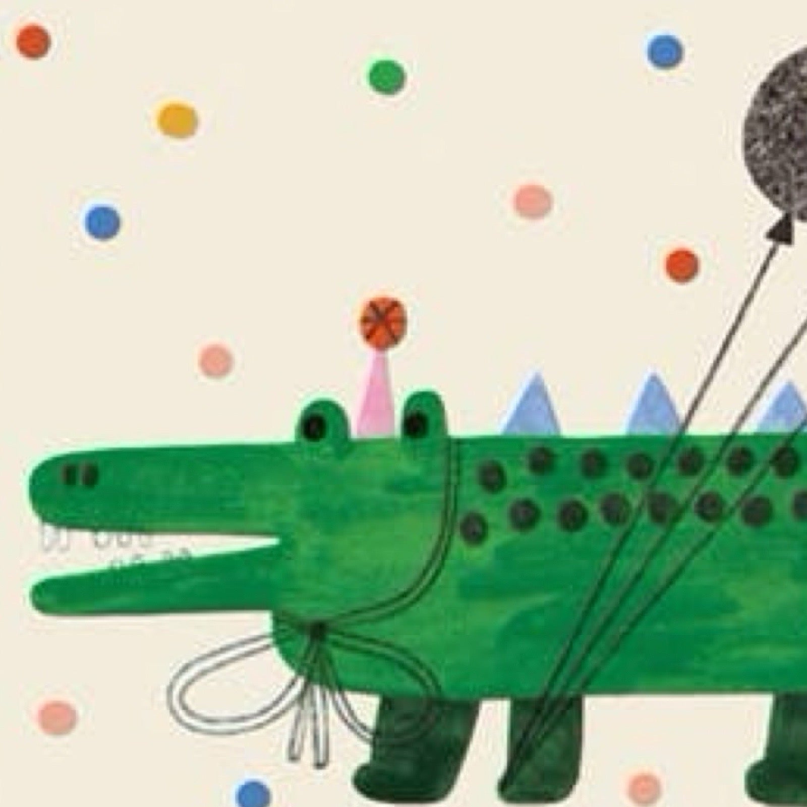 Illustration of a green alligator with balloons on a beige background with colorful dots.