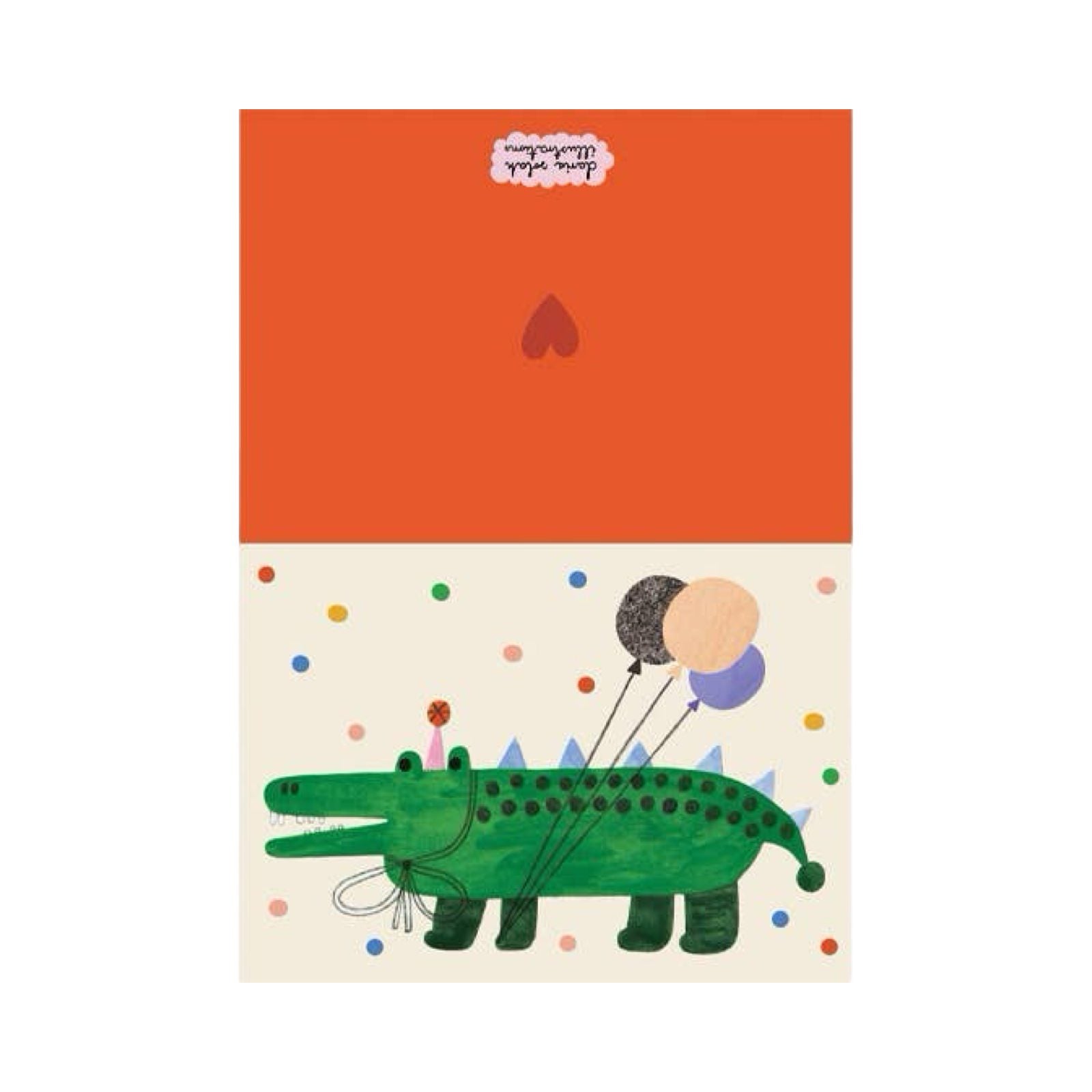 A card for any occasion featuring a green alligator wearing a party hat, holding 3 colourful balloons with its paw. 
