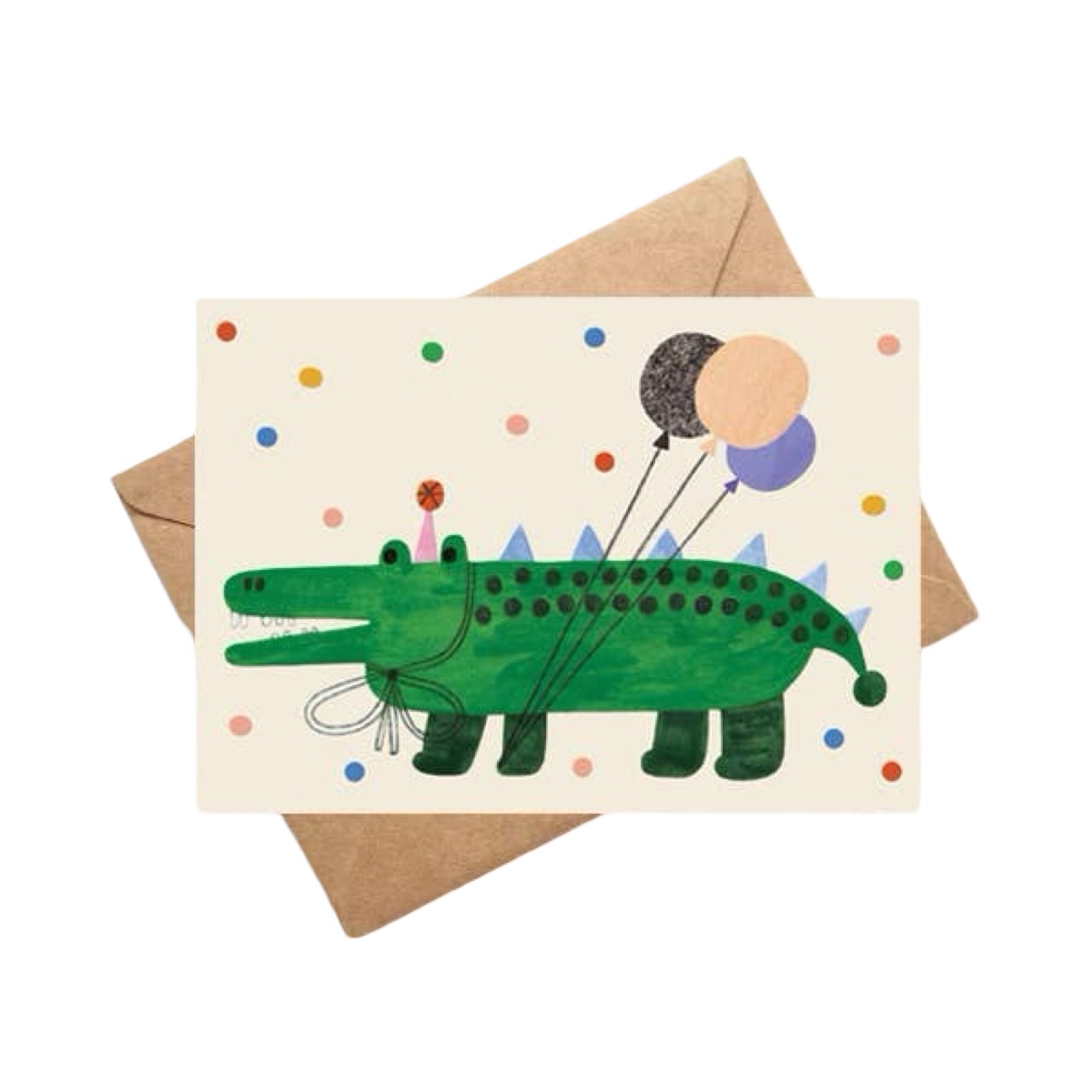 A card for any occasion featuring a green alligator wearing a party hat, holding 3 colourful balloons with its paw. 