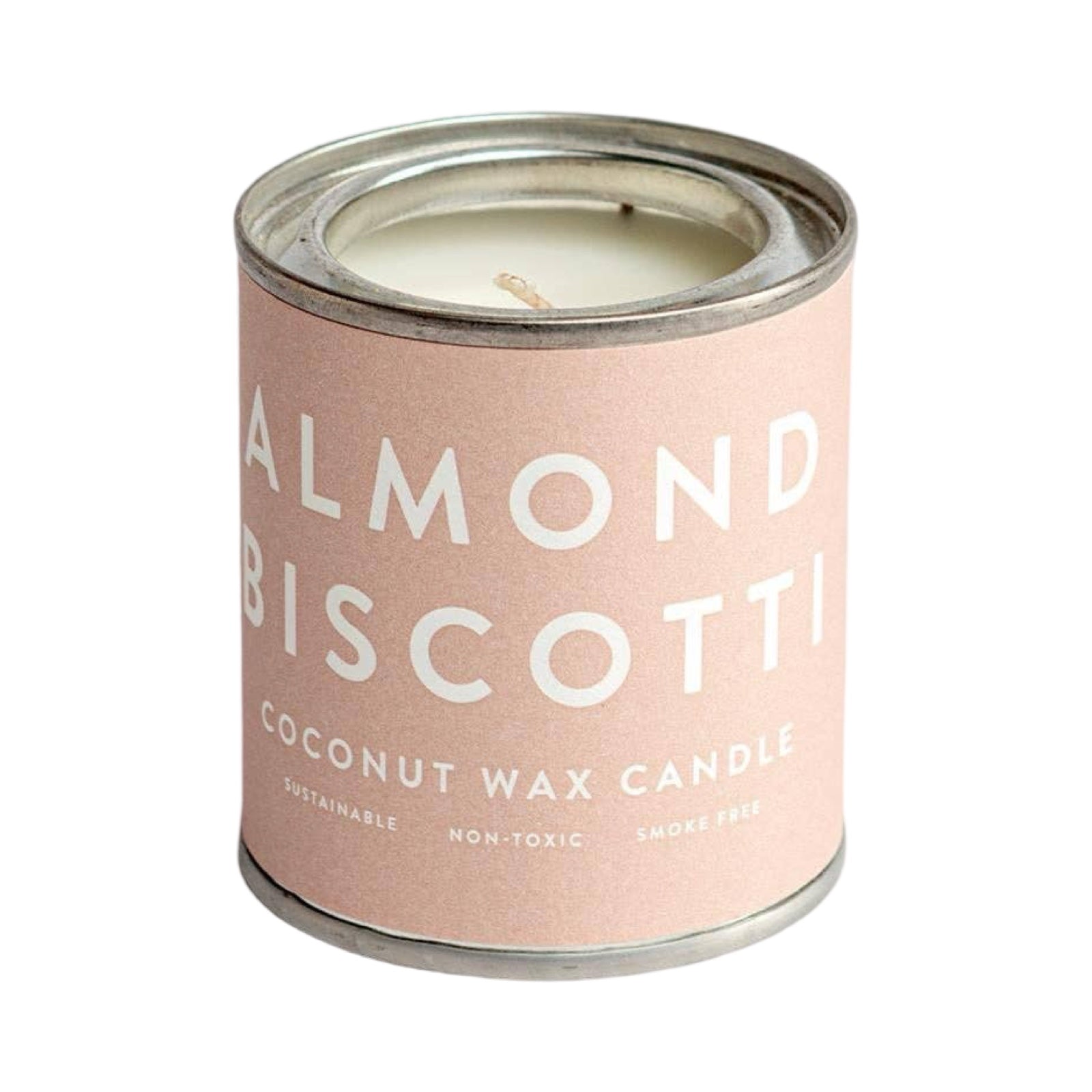 an almond biscotti scented candle in a small paint tin with a pale pink label