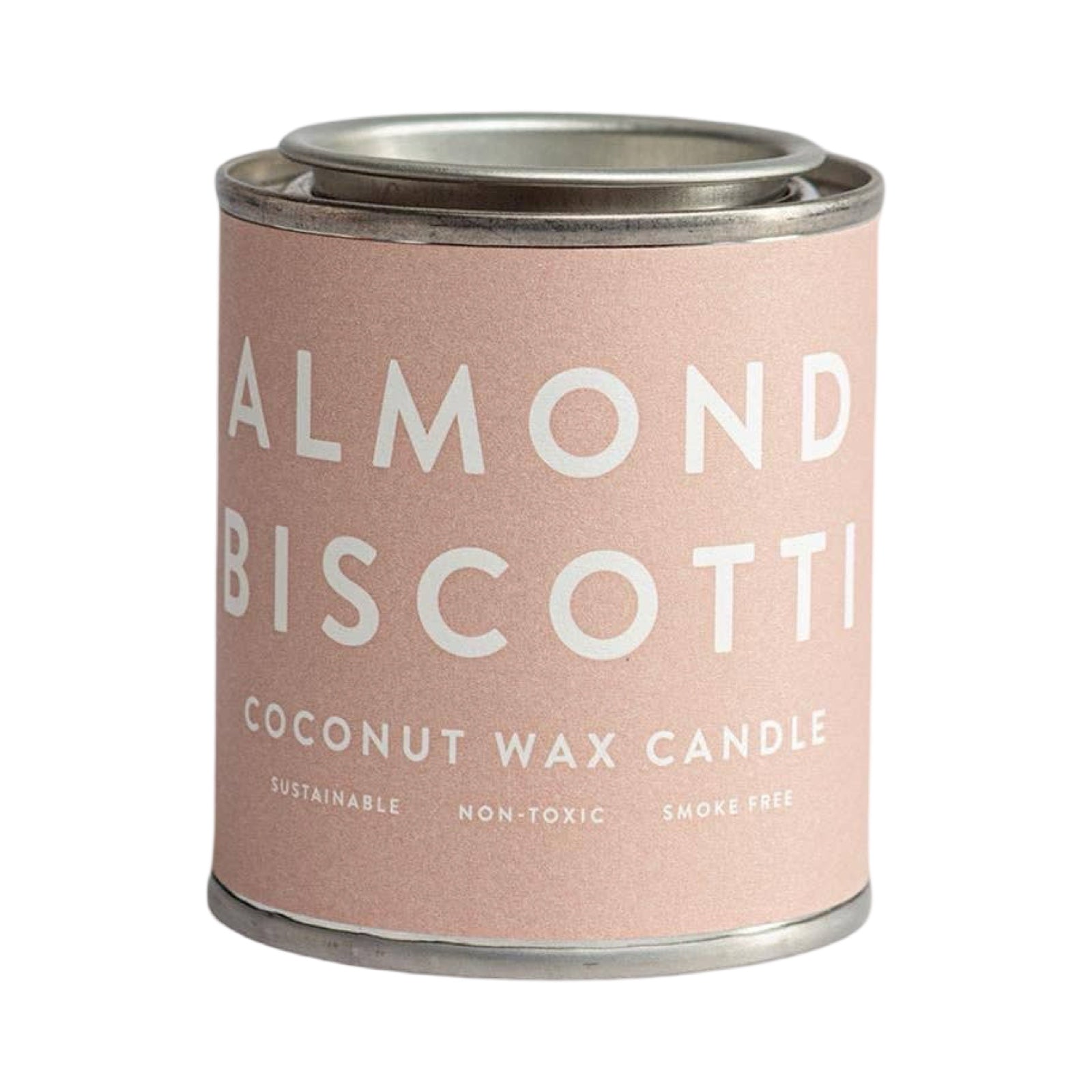 an almond biscotti scented candle in a small paint tin with a pale pink label