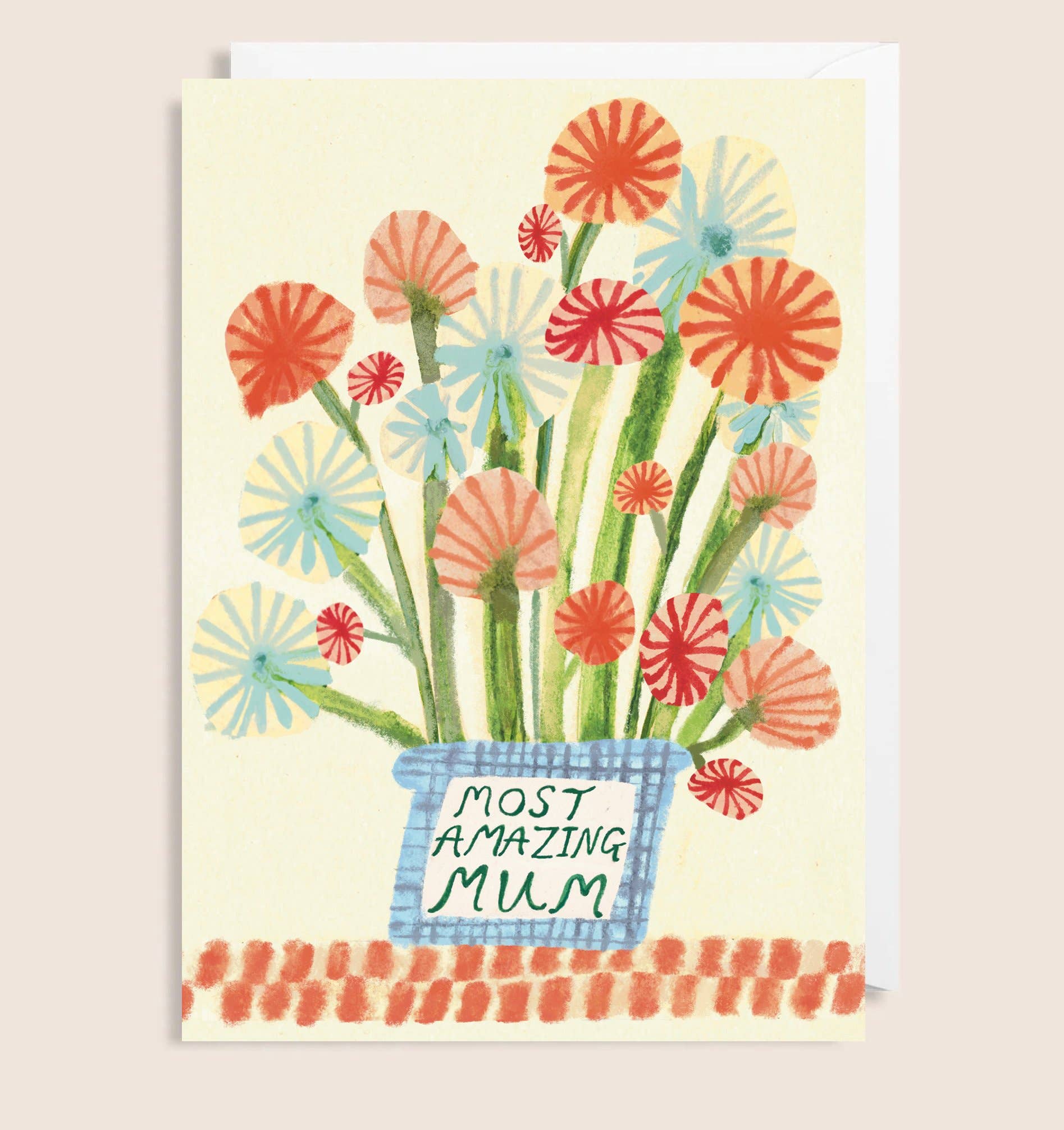 Greeting card with colourful flowers and 'Most Amazing Mum' text on a beige background.
